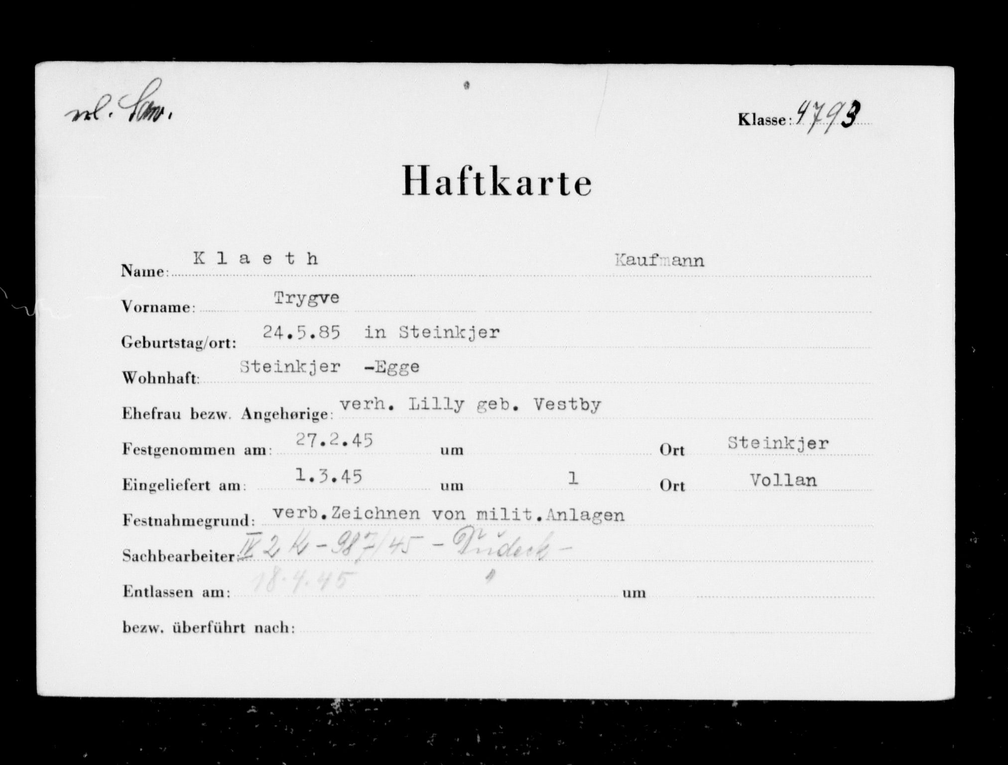 Befehlshaber der Sicherheitspolizei und des SD, AV/RA-RAFA-5969/F/Fc/L0007: Fangeregister Falstad: Kl - Lind, 1941-1945