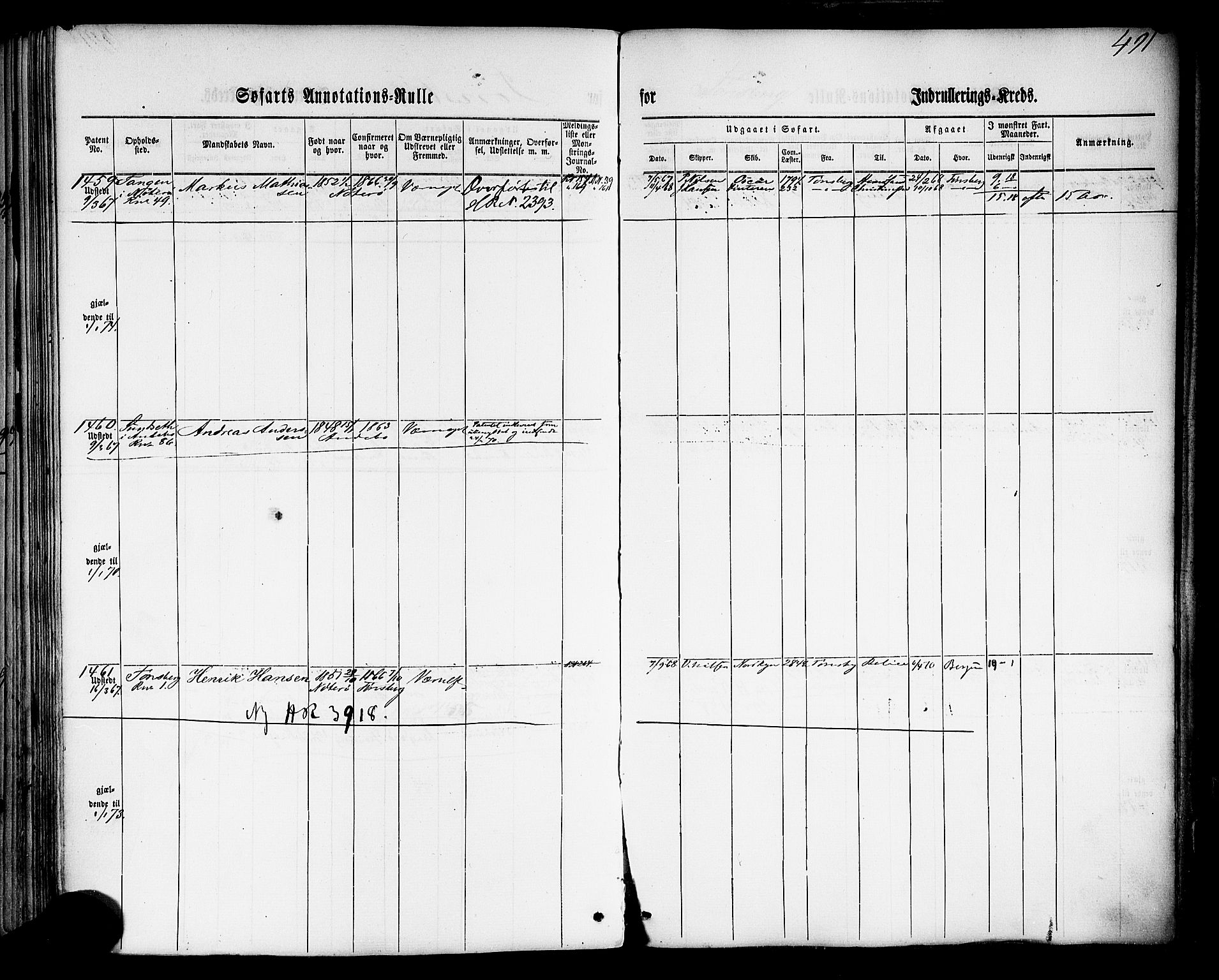 Tønsberg innrulleringskontor, SAKO/A-786/F/Fb/L0001: Annotasjonsrulle Patent nr. 1-1724, 1860-1868, p. 511