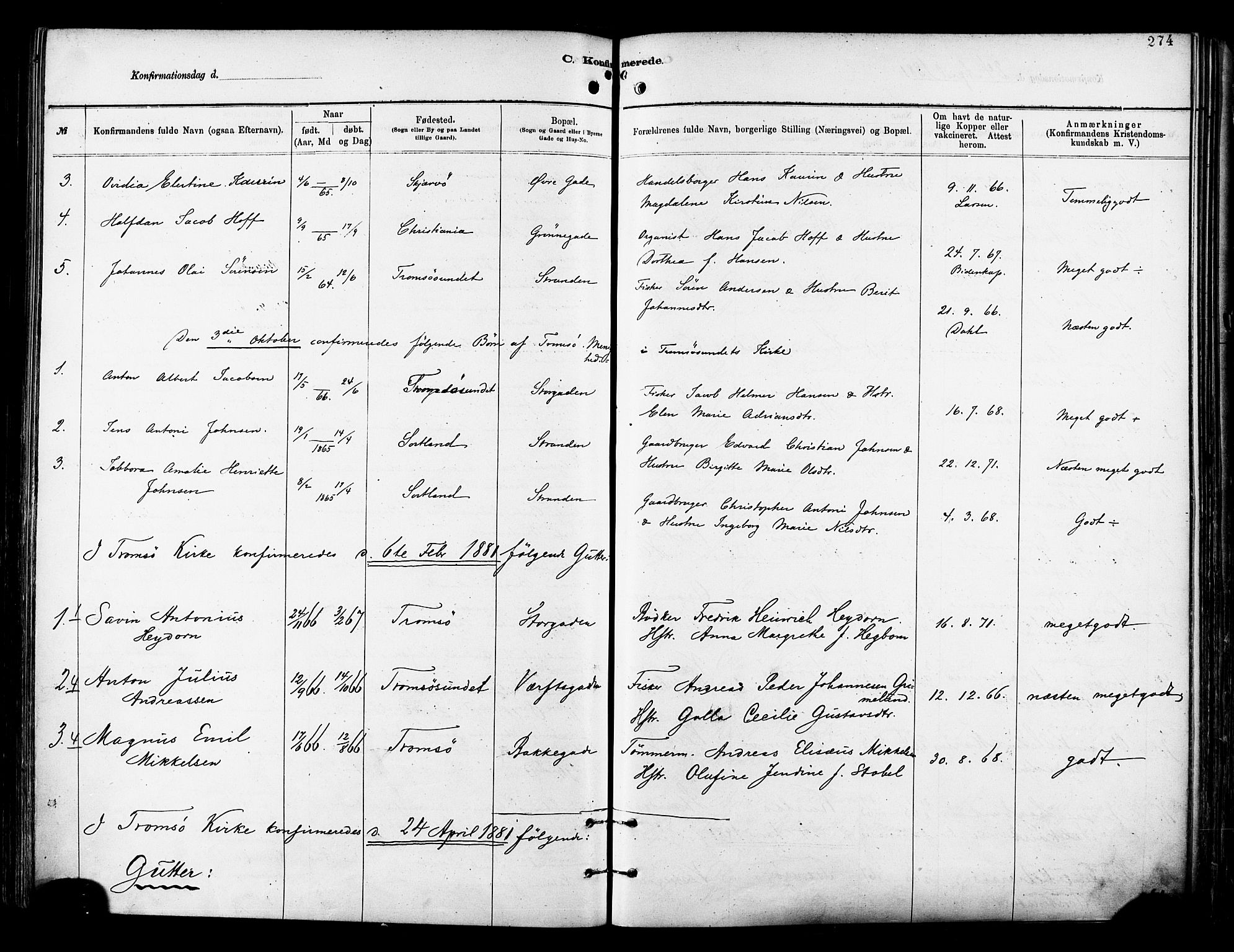 Tromsø sokneprestkontor/stiftsprosti/domprosti, SATØ/S-1343/G/Ga/L0014kirke: Parish register (official) no. 14, 1878-1888, p. 274