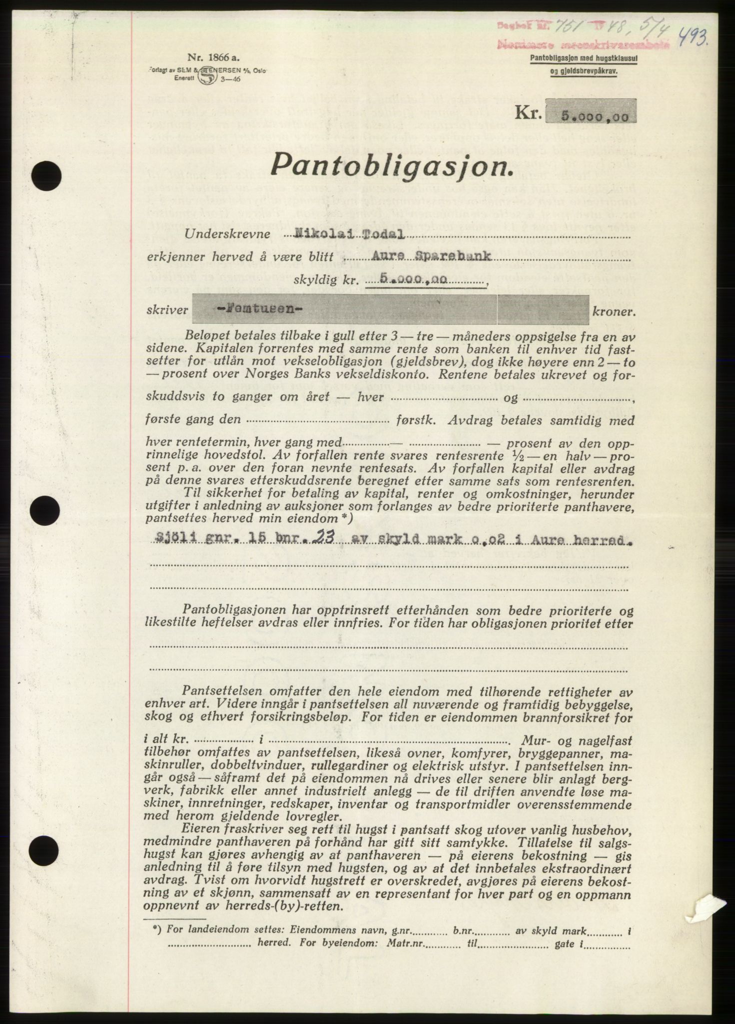 Nordmøre sorenskriveri, AV/SAT-A-4132/1/2/2Ca: Mortgage book no. B98, 1948-1948, Diary no: : 751/1948