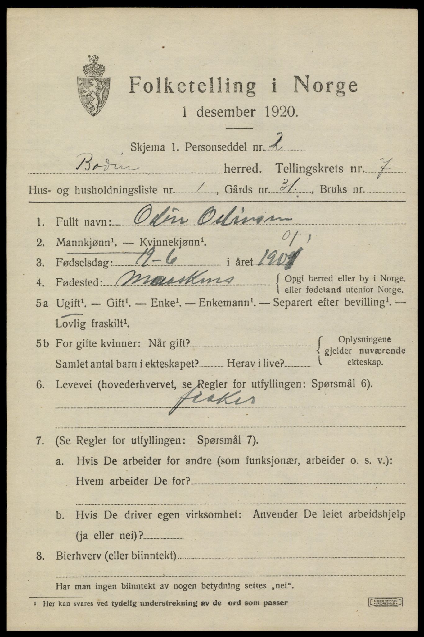 SAT, 1920 census for Bodin, 1920, p. 3962