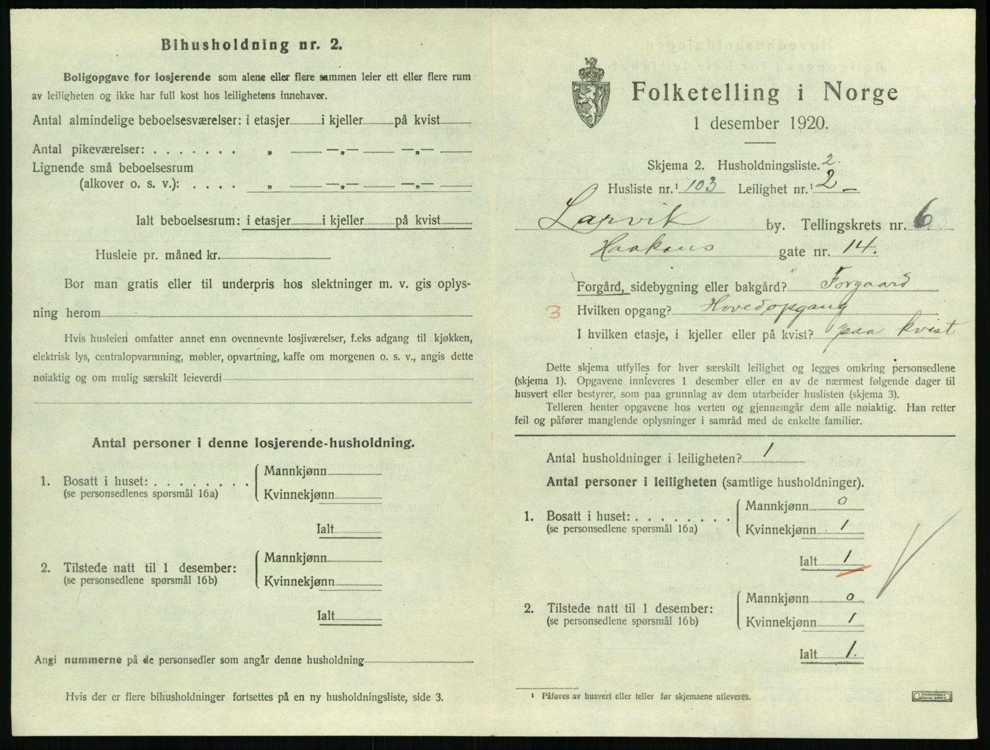 SAKO, 1920 census for Larvik, 1920, p. 5768