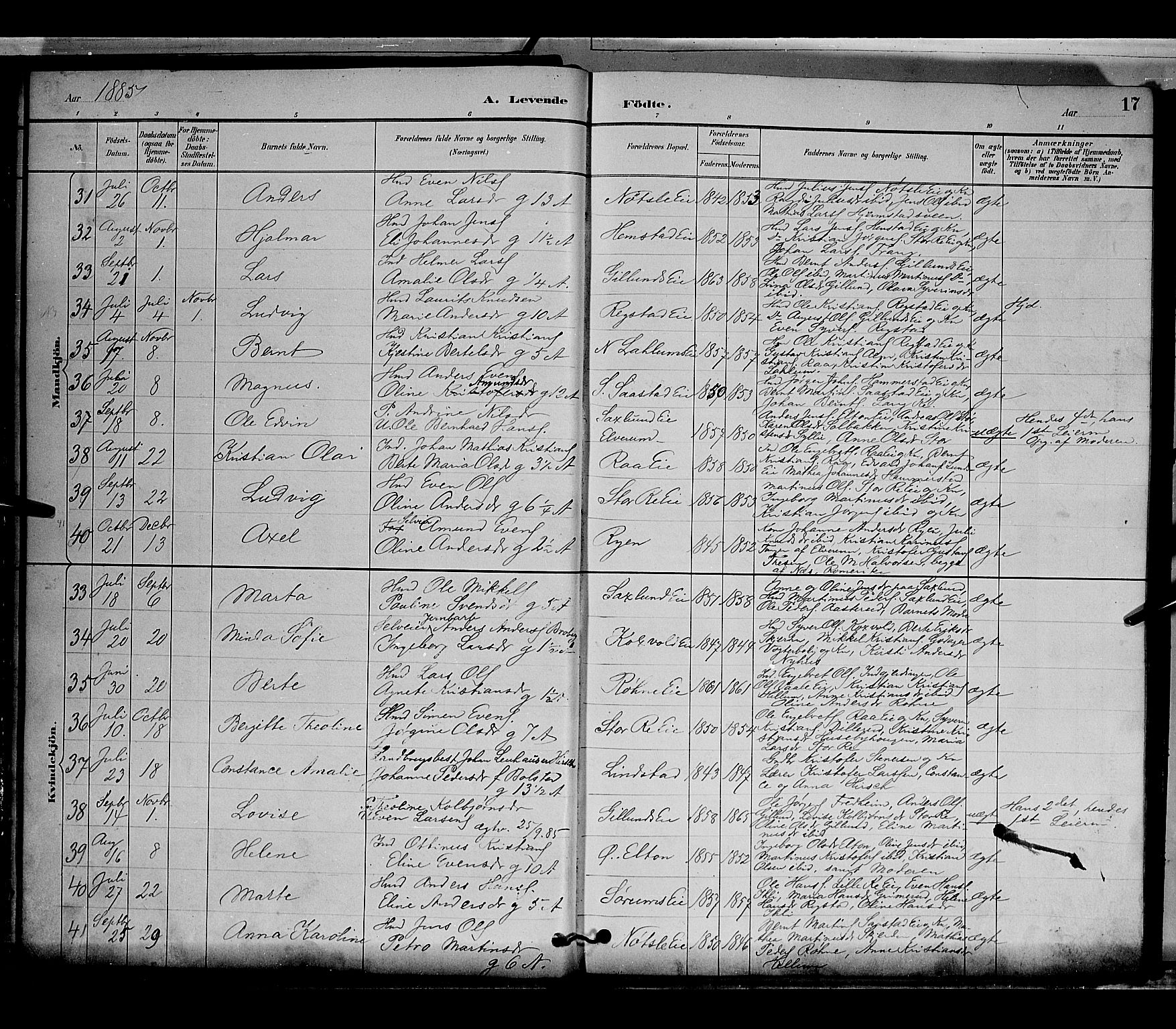 Stange prestekontor, AV/SAH-PREST-002/L/L0009: Parish register (copy) no. 9, 1883-1899, p. 17