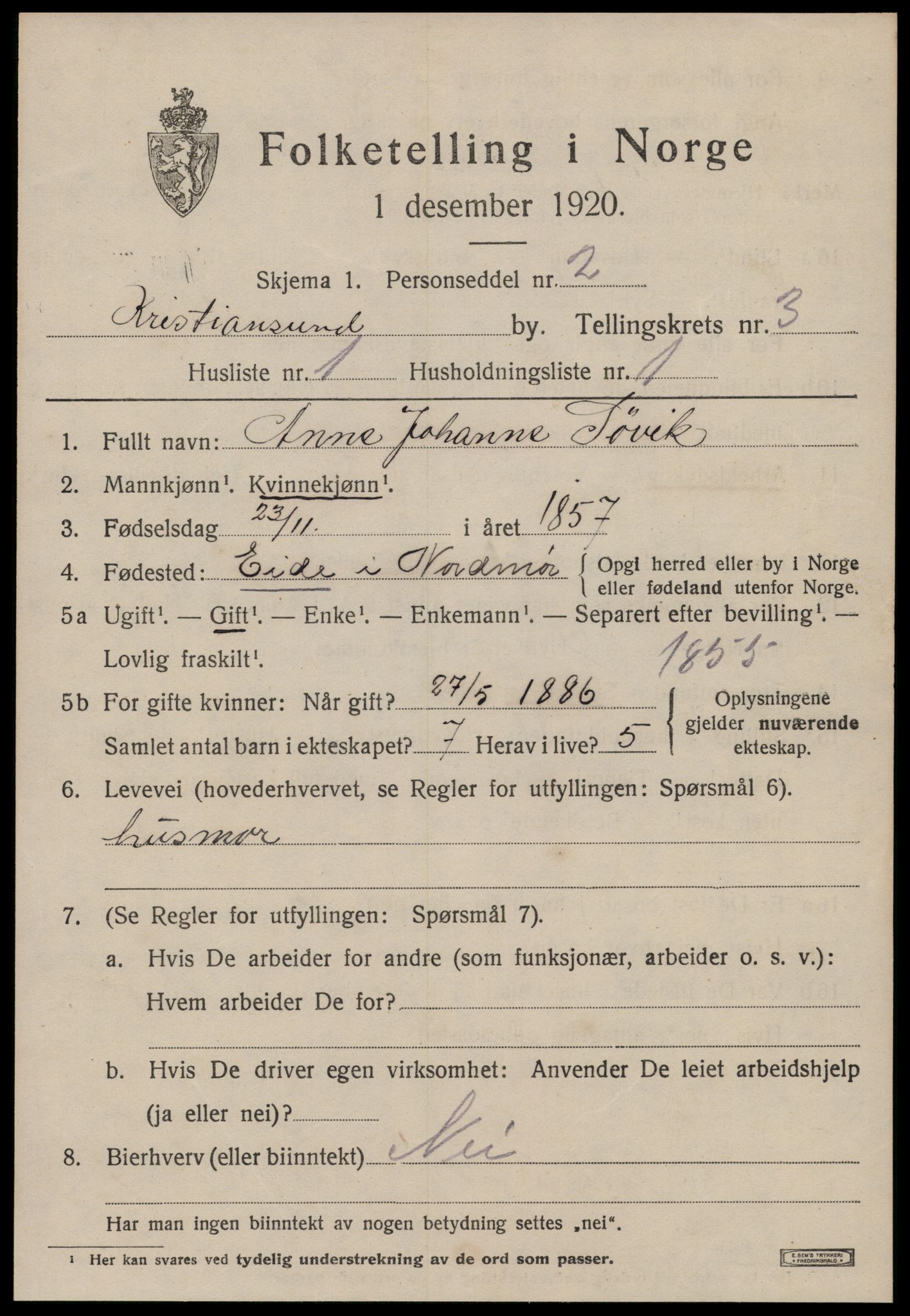 SAT, 1920 census for Kristiansund, 1920, p. 13999