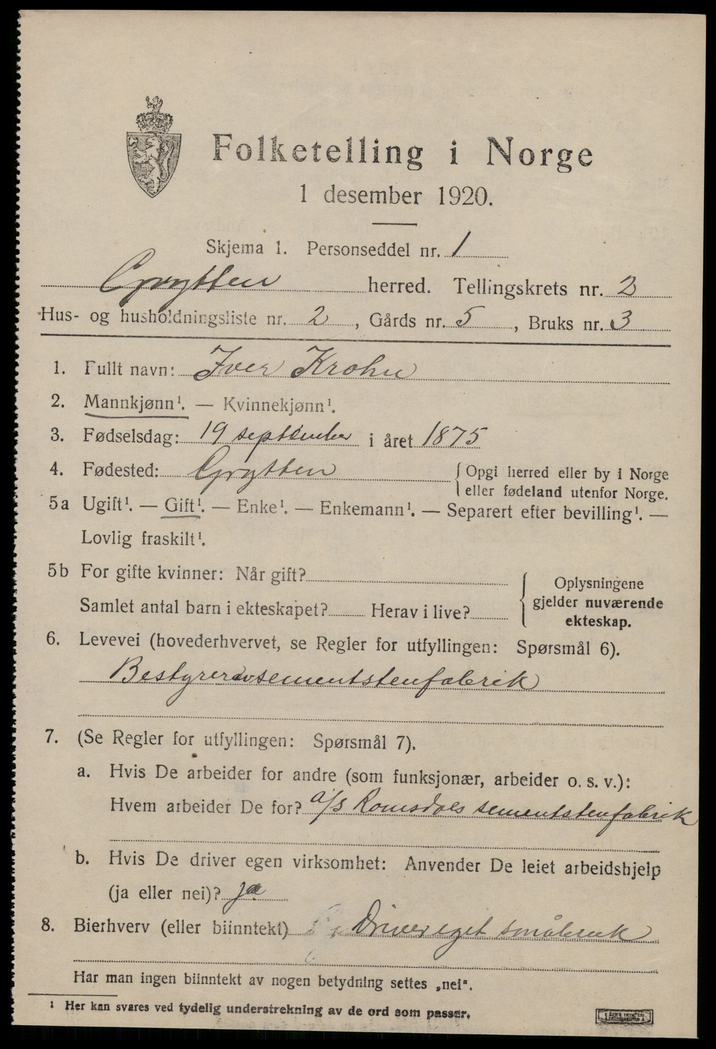 SAT, 1920 census for Grytten, 1920, p. 1896