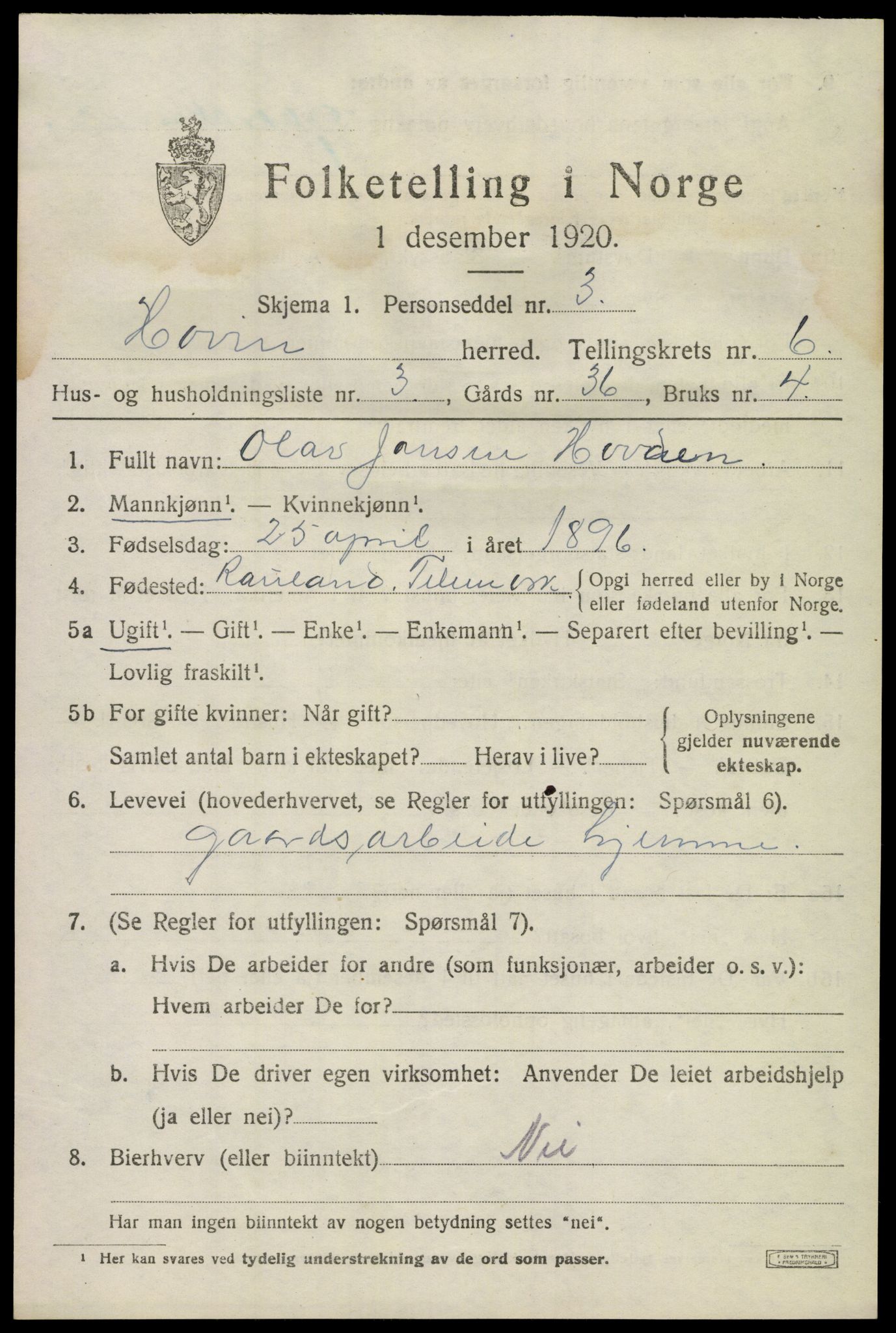 SAKO, 1920 census for Hovin, 1920, p. 1459