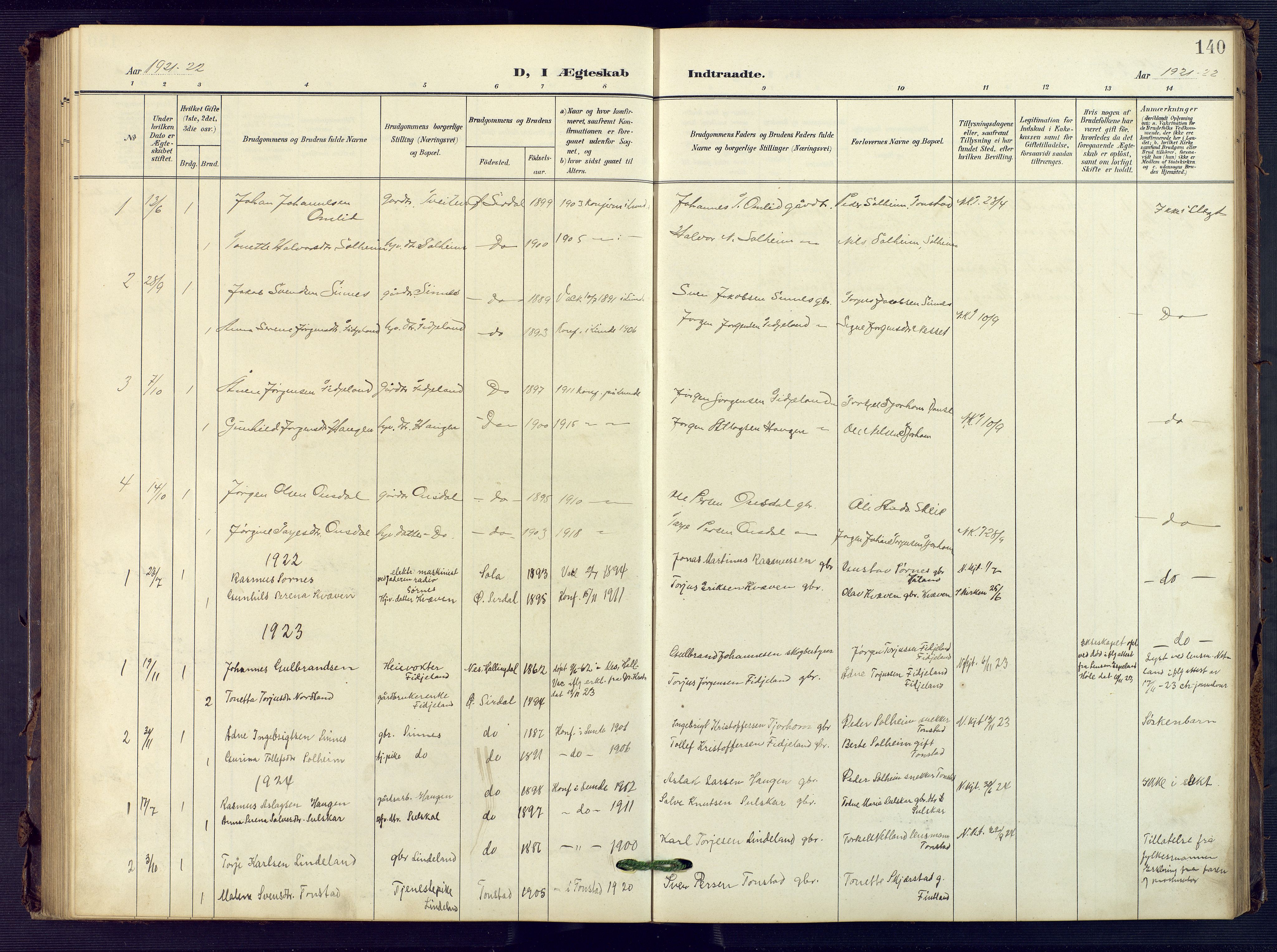 Sirdal sokneprestkontor, AV/SAK-1111-0036/F/Fb/Fba/L0002: Parish register (copy) no. B 2, 1905-1958, p. 140