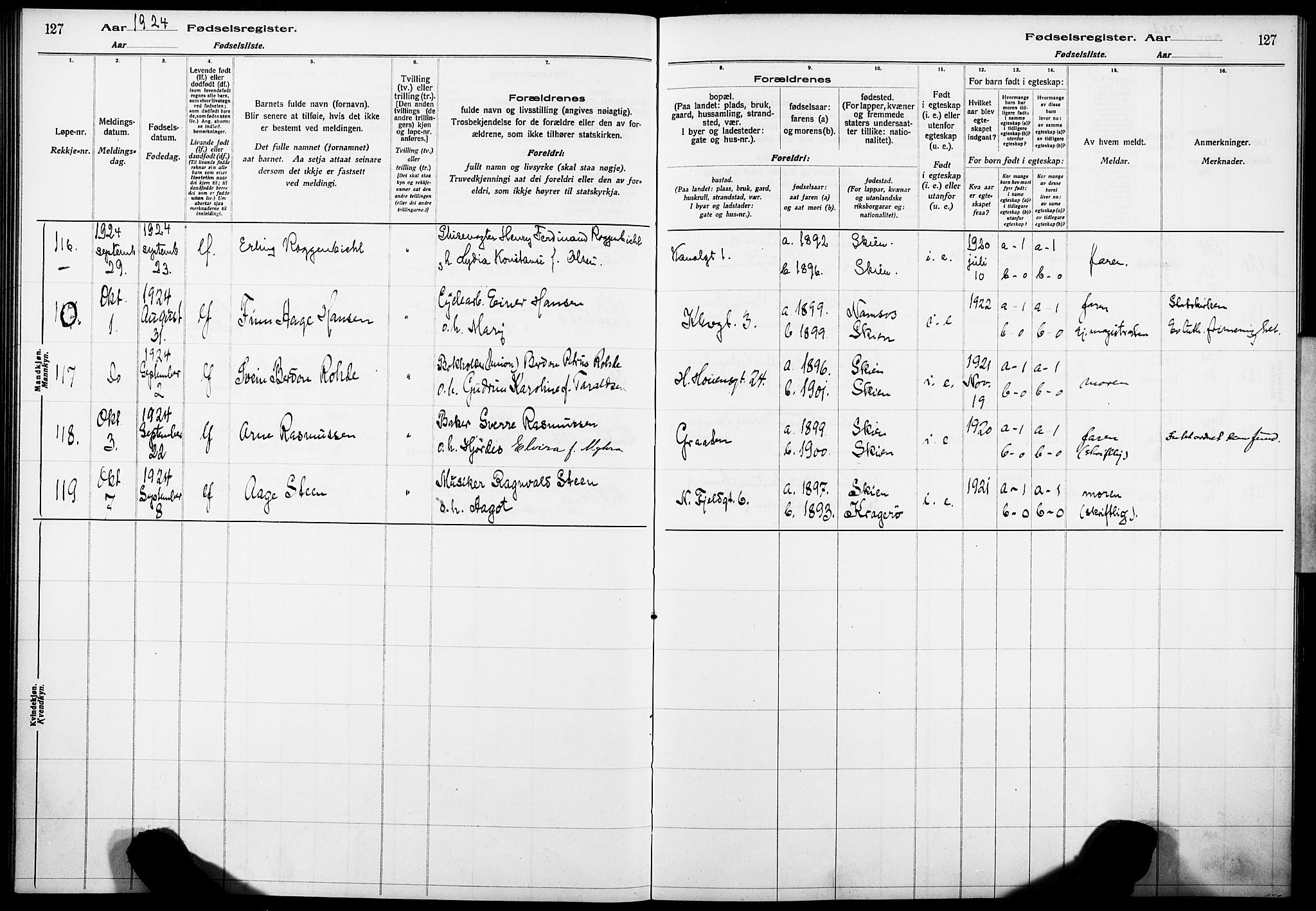 Skien kirkebøker, AV/SAKO-A-302/J/Ja/L0002: Birth register no. 2, 1921-1927, p. 127