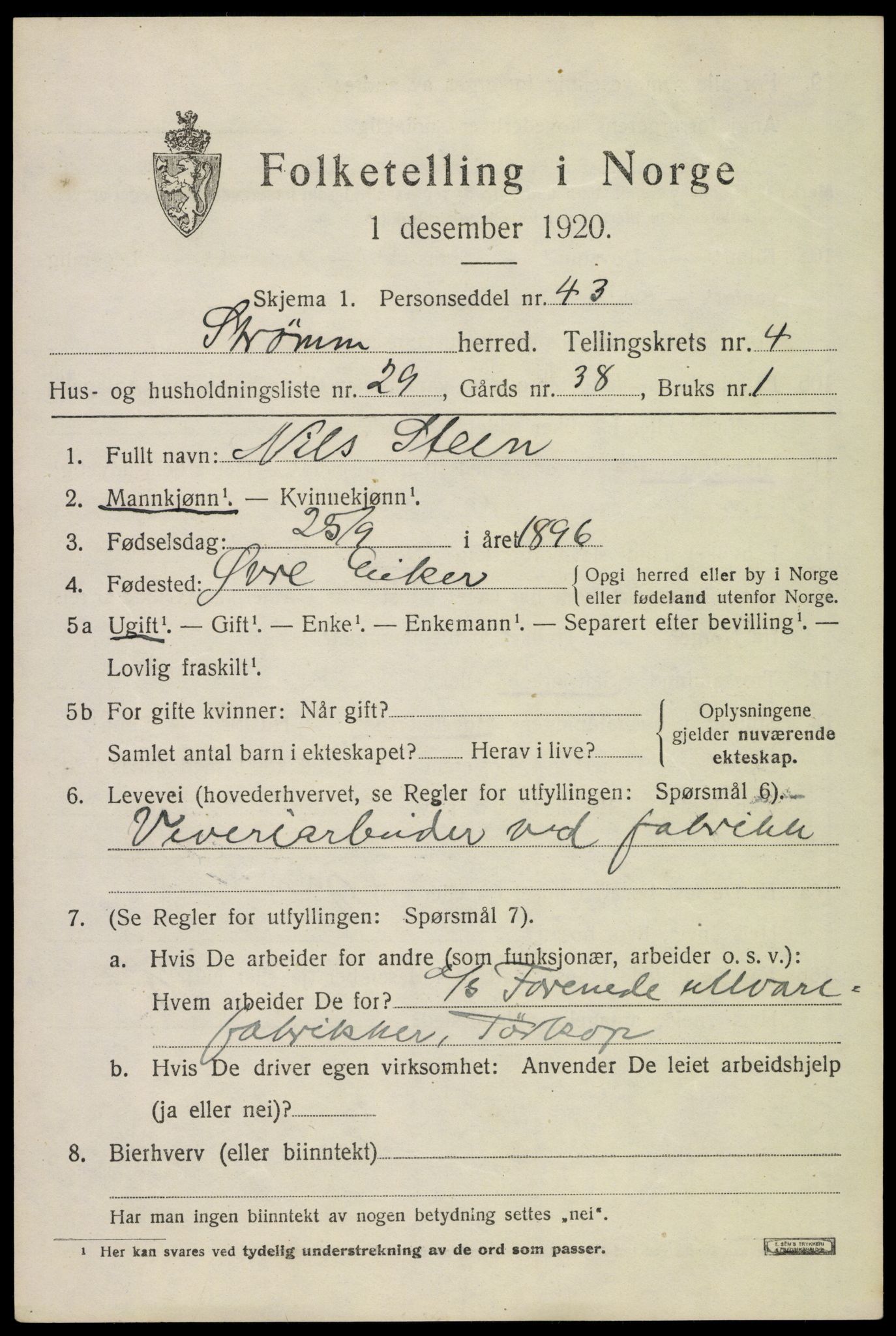 SAKO, 1920 census for Strømm, 1920, p. 3511