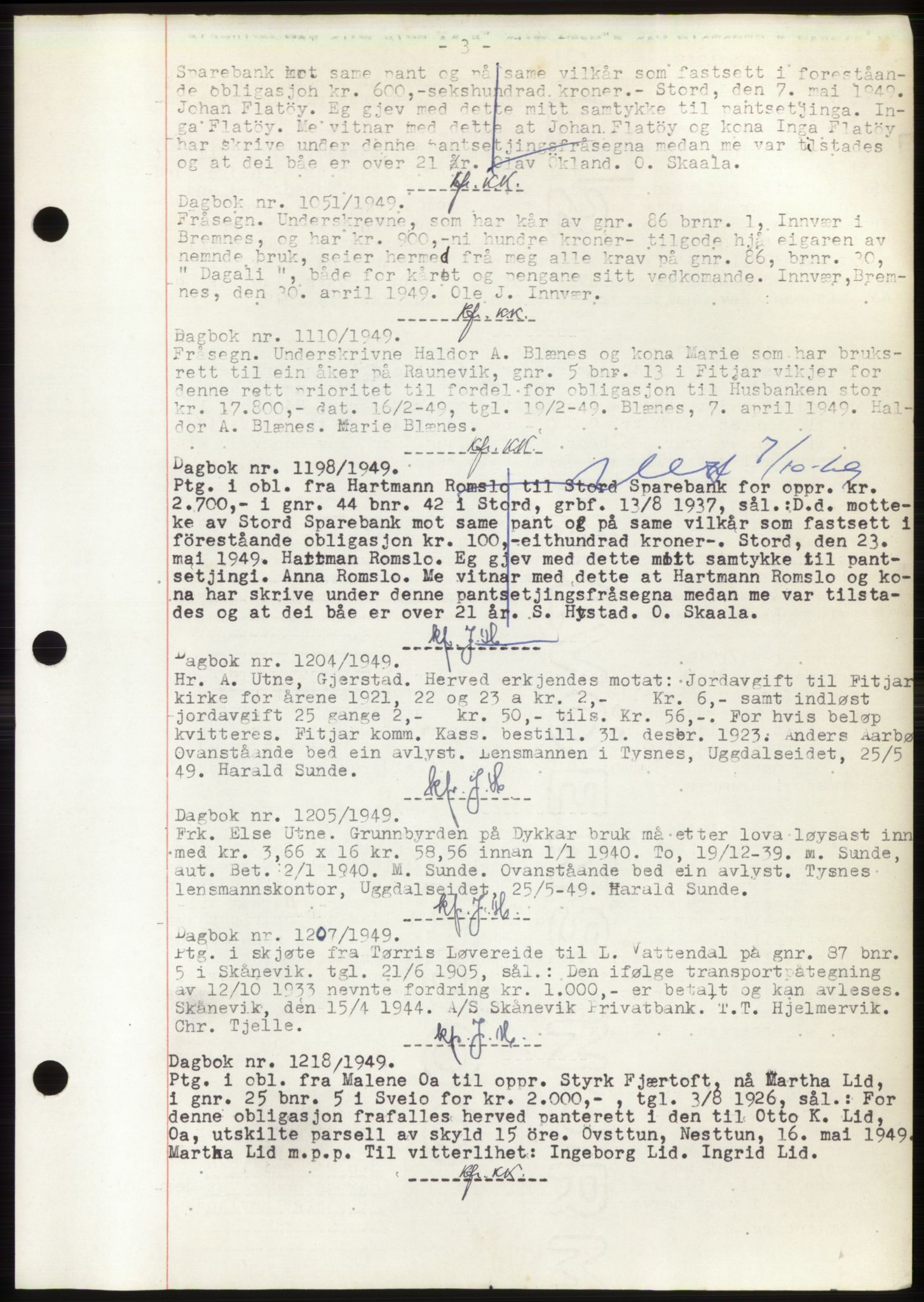 Sunnhordland sorenskrivar, AV/SAB-A-2401: Mortgage book no. B75-79, 1948-1950, Diary no: : 1051/1949
