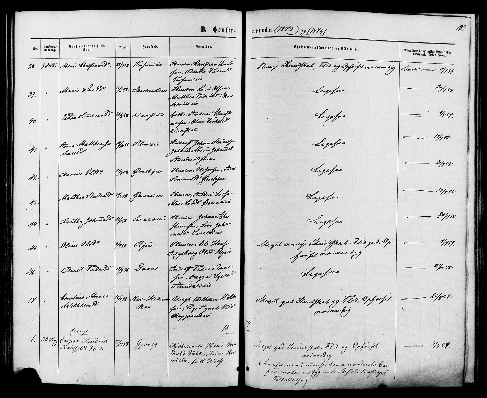 Vardal prestekontor, SAH/PREST-100/H/Ha/Haa/L0007: Parish register (official) no. 7, 1867-1878, p. 199