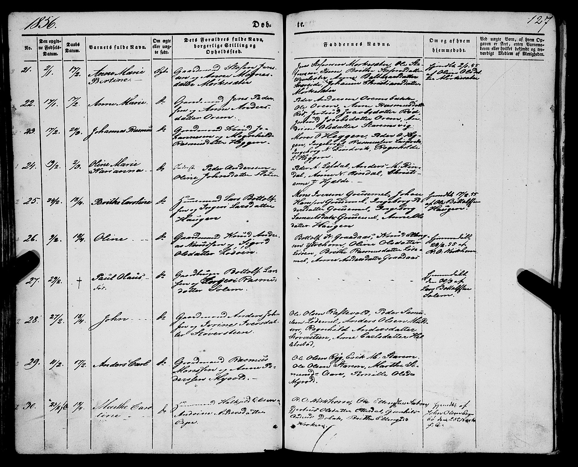 Eid sokneprestembete, AV/SAB-A-82301/H/Haa/Haaa/L0007: Parish register (official) no. A 7, 1844-1858, p. 127