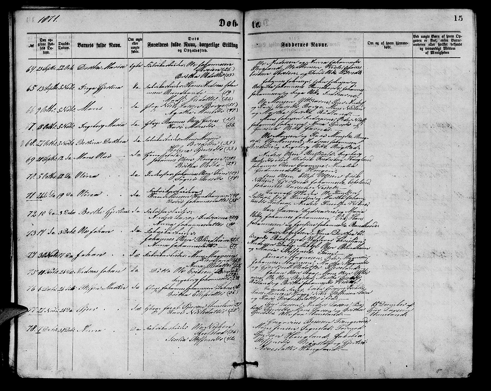 Arna Sokneprestembete, SAB/A-74001/H/Ha/Hab: Parish register (copy) no. A 1, 1869-1879, p. 15
