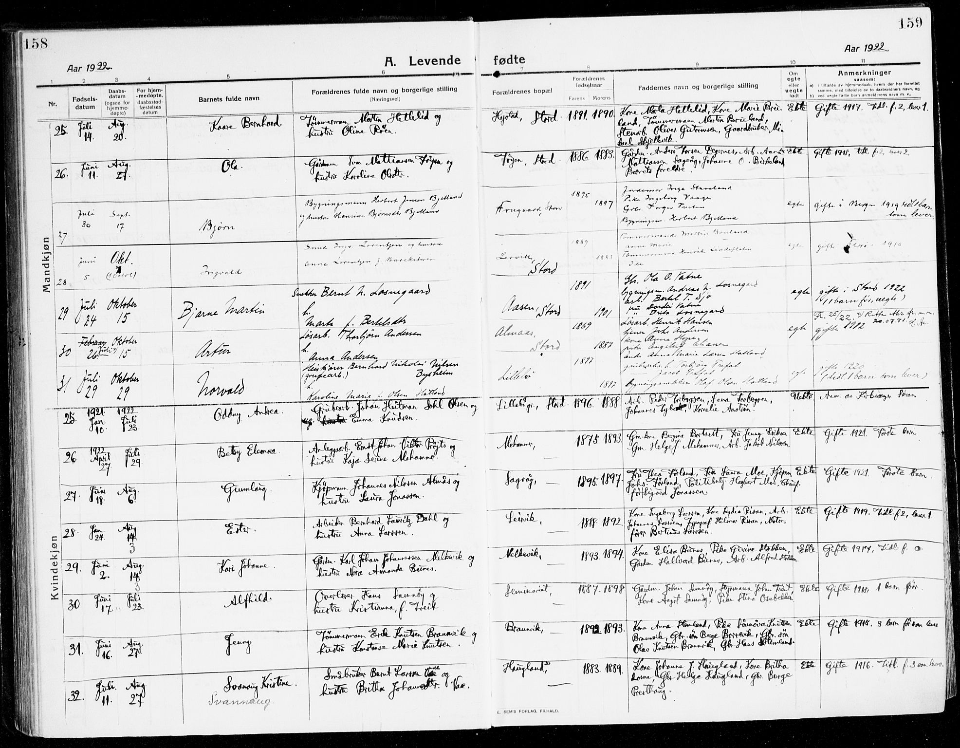 Stord sokneprestembete, AV/SAB-A-78201/H/Haa: Parish register (official) no. B 3, 1913-1925, p. 158-159