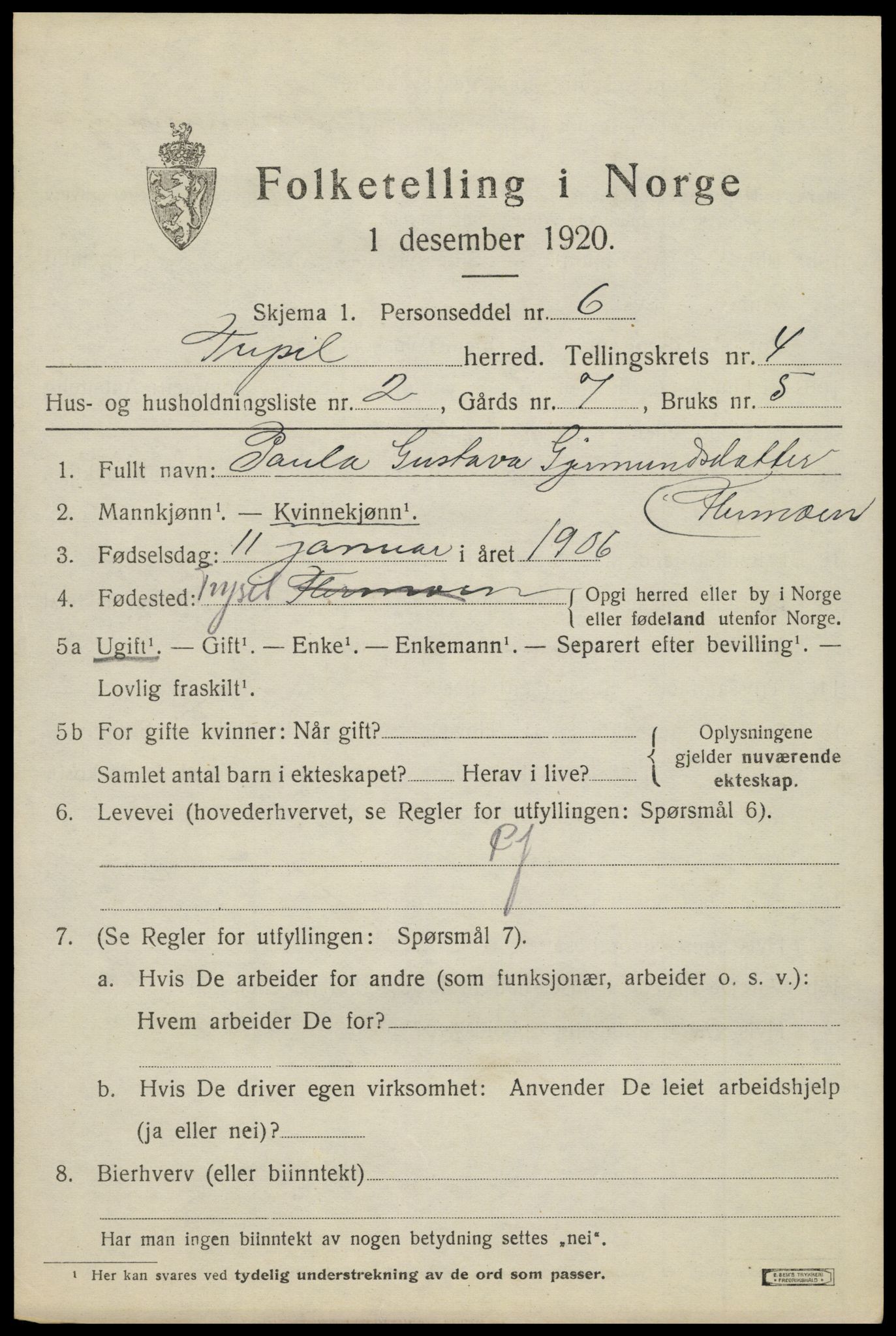 SAH, 1920 census for Trysil, 1920, p. 4099