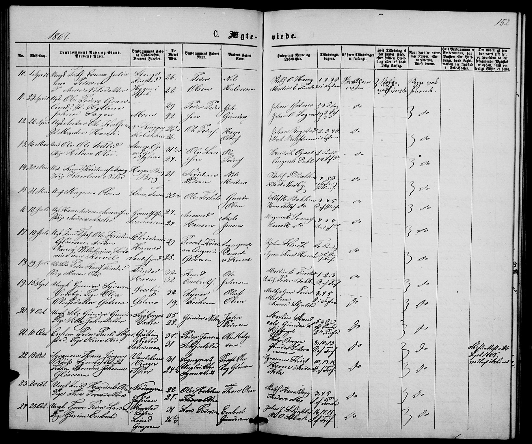 Elverum prestekontor, AV/SAH-PREST-044/H/Ha/Hab/L0004: Parish register (copy) no. 4, 1866-1874, p. 152