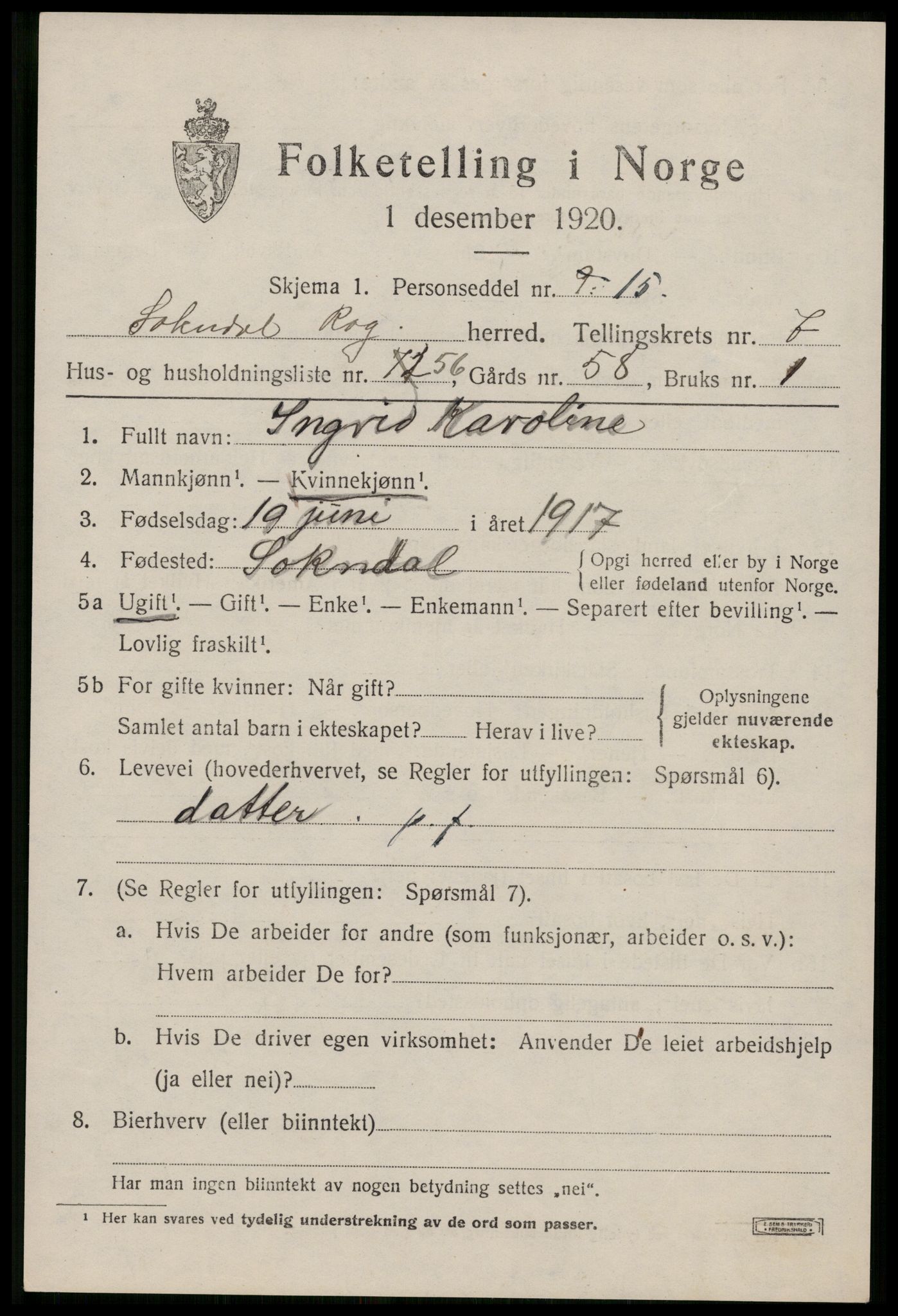 SAST, 1920 census for Sokndal, 1920, p. 4813