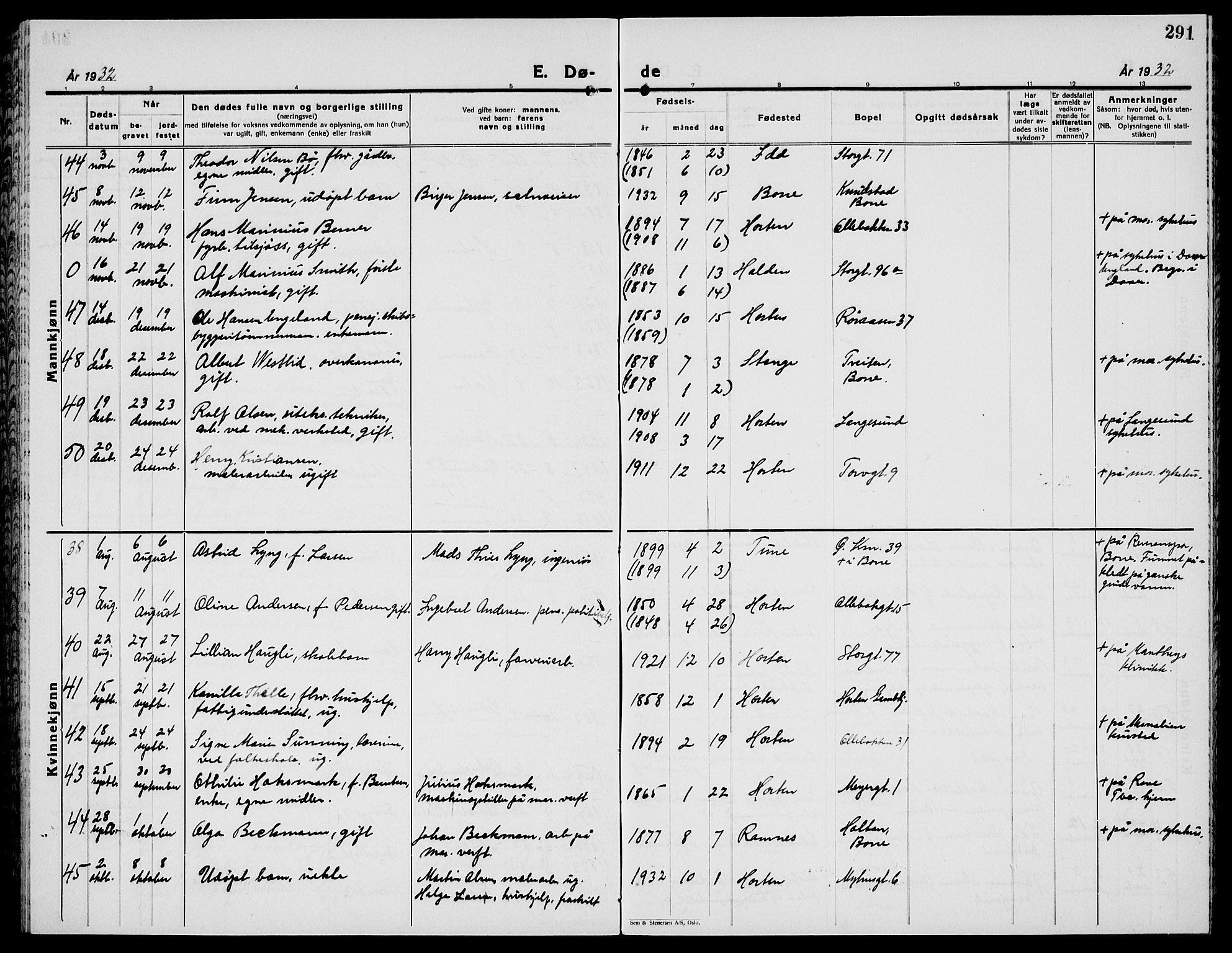 Horten kirkebøker, AV/SAKO-A-348/G/Ga/L0009: Parish register (copy) no. 9, 1926-1936, p. 291