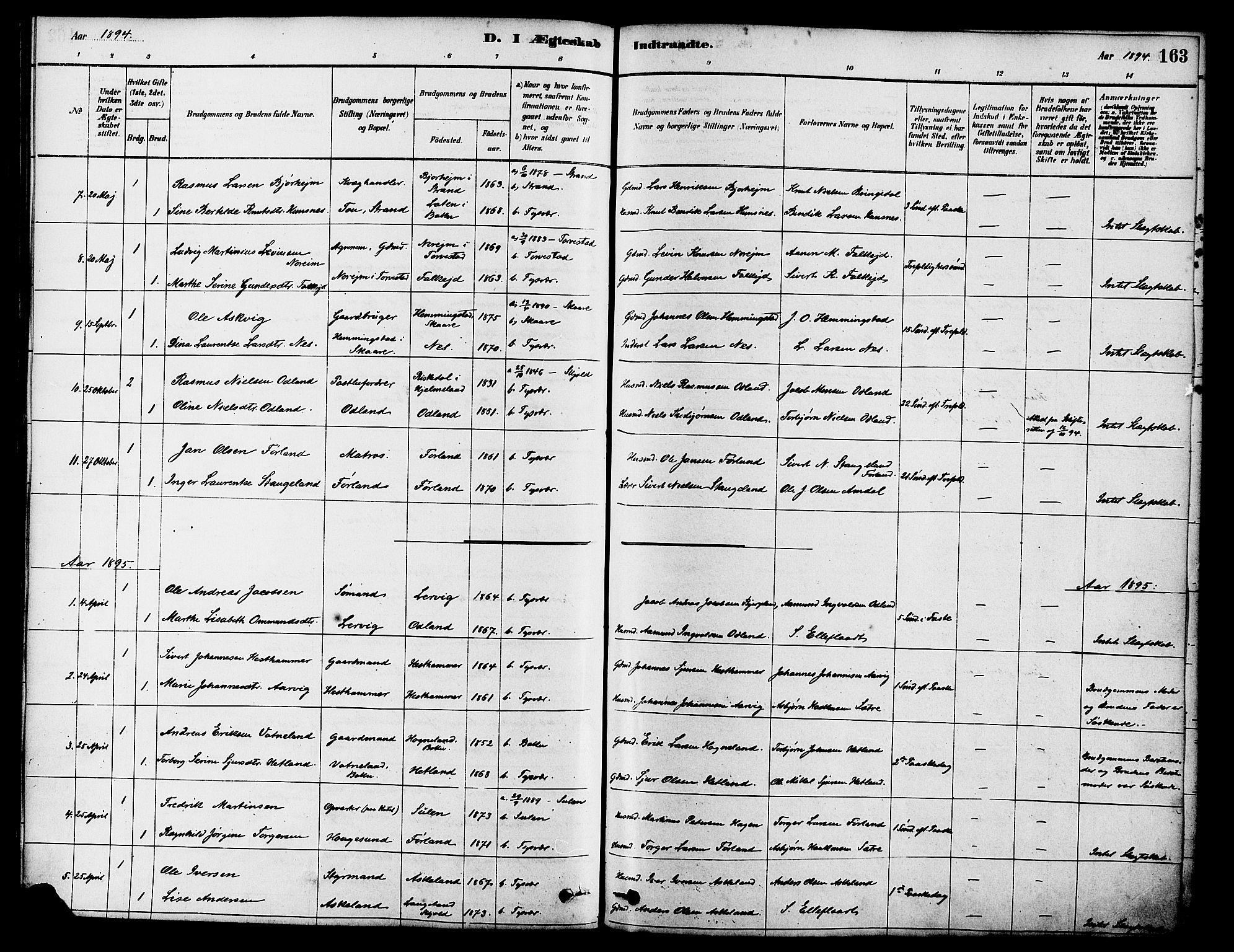 Tysvær sokneprestkontor, SAST/A -101864/H/Ha/Haa/L0006: Parish register (official) no. A 6, 1878-1896, p. 163