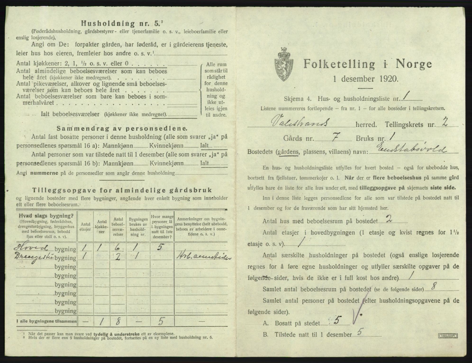 SAB, 1920 census for Valestrand, 1920, p. 87