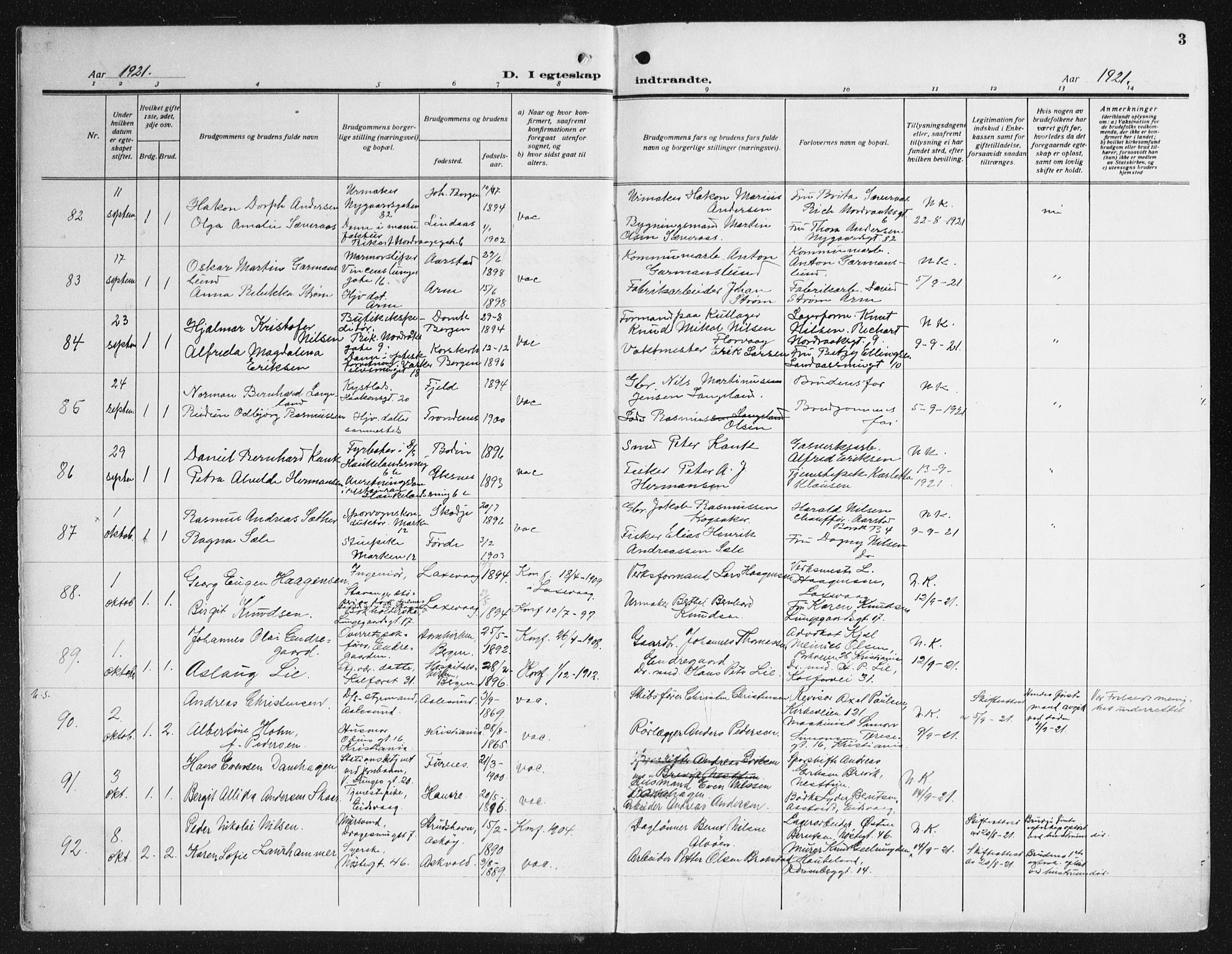 Domkirken sokneprestembete, AV/SAB-A-74801/H/Haa/L0039: Parish register (official) no. D 6, 1921-1937, p. 3