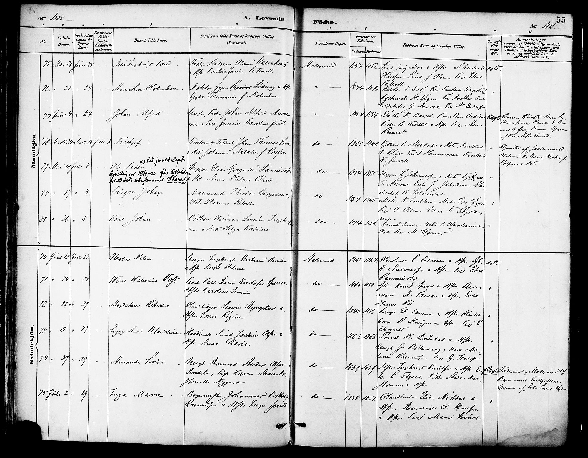Ministerialprotokoller, klokkerbøker og fødselsregistre - Møre og Romsdal, SAT/A-1454/529/L0455: Parish register (official) no. 529A05, 1885-1893, p. 55