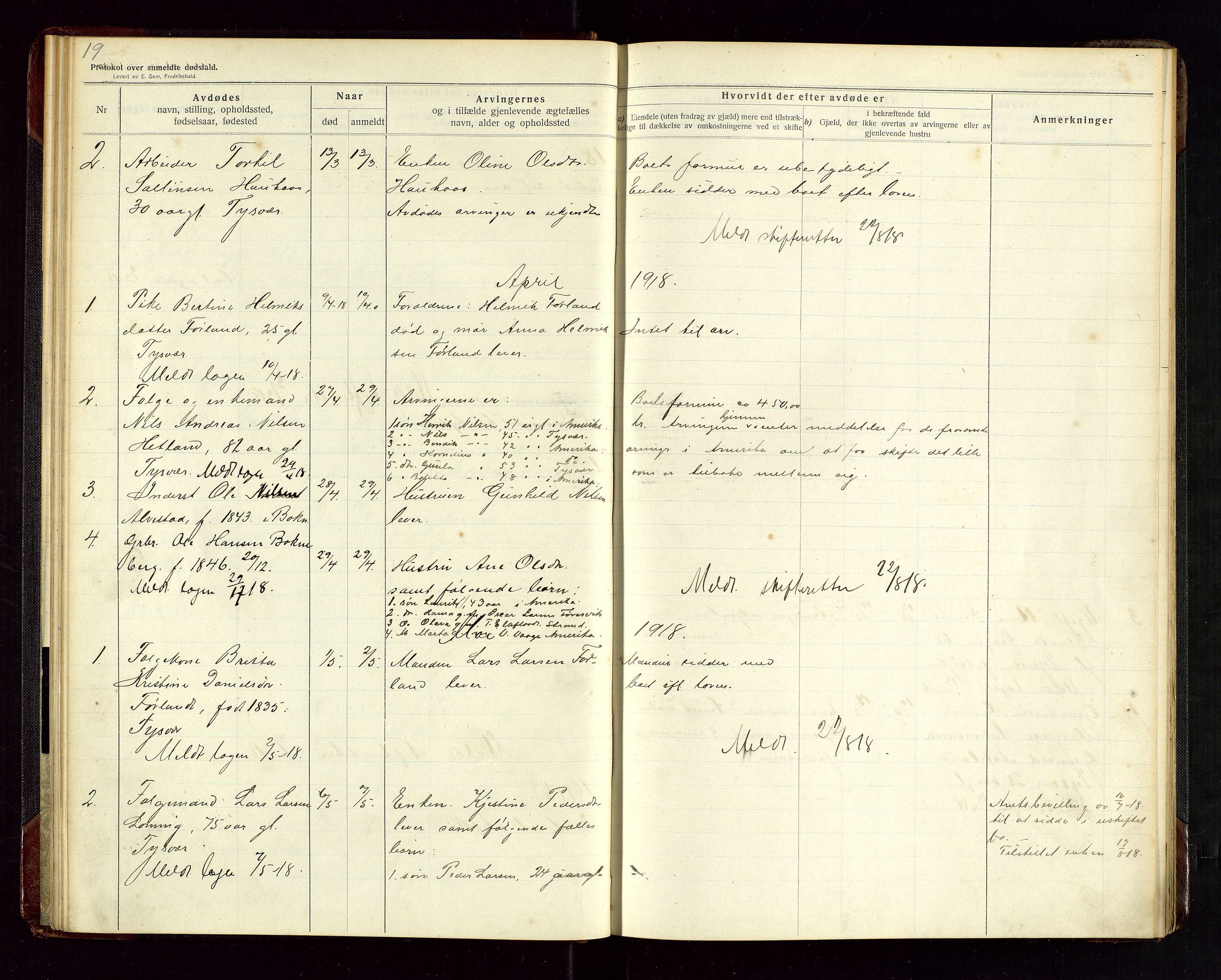 Tysvær lensmannskontor, AV/SAST-A-100192/Gga/L0003: "Protokol over anmeldte dødsfald i Tysvær" med register, 1916-1926, p. 19