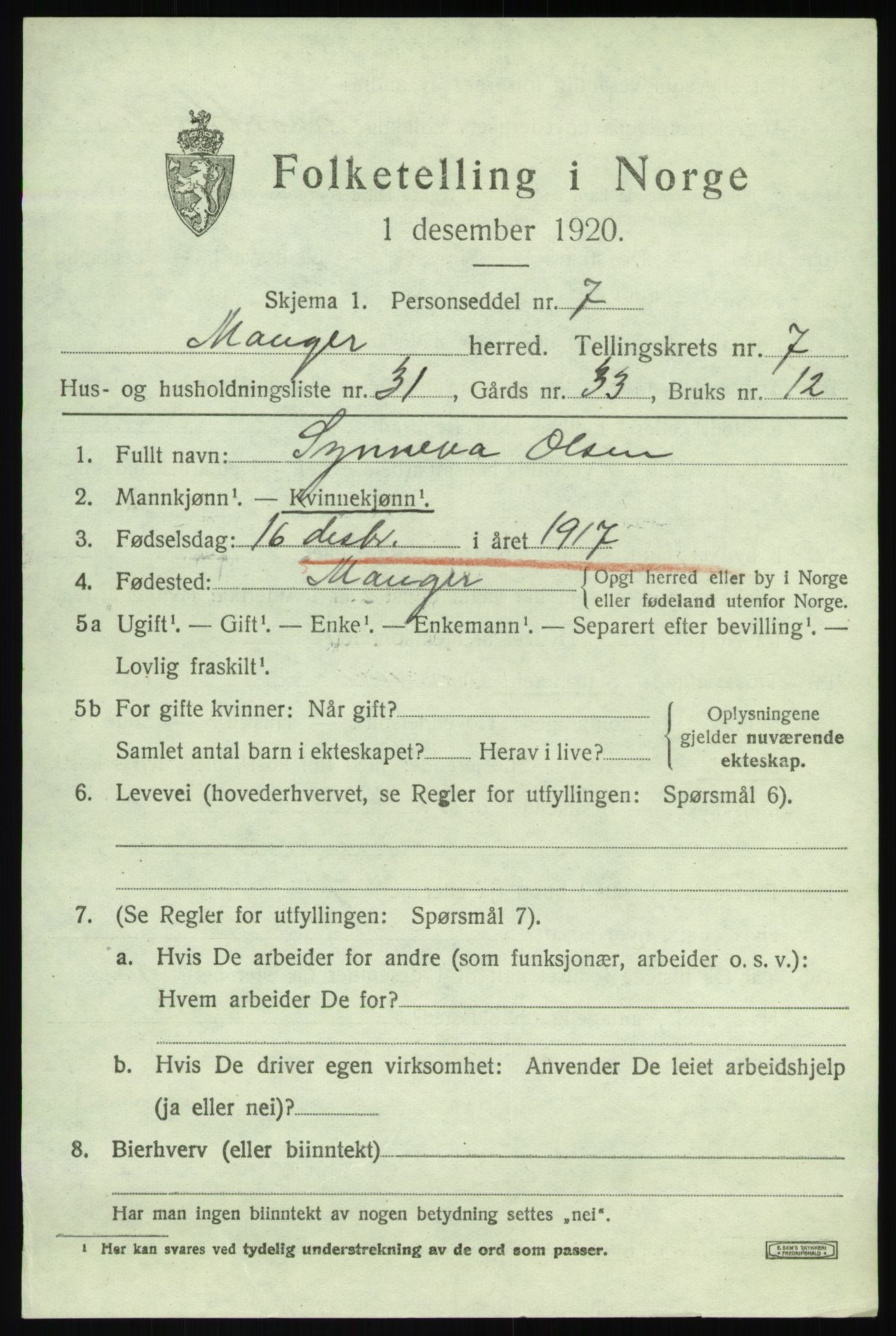 SAB, 1920 census for Manger, 1920, p. 4723