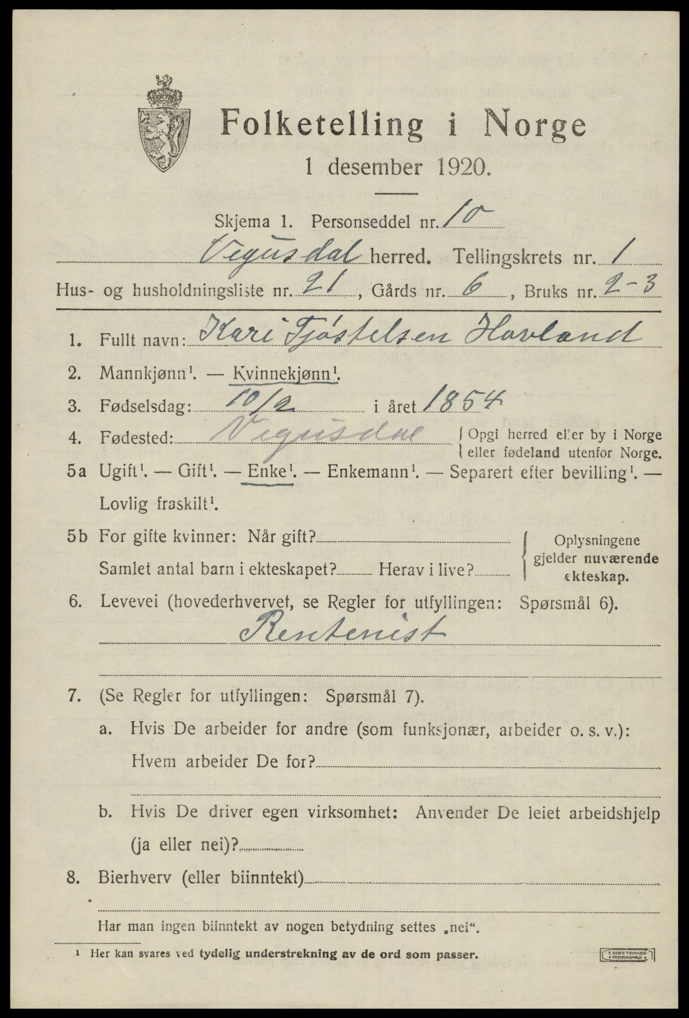 SAK, 1920 census for Vegusdal, 1920, p. 623