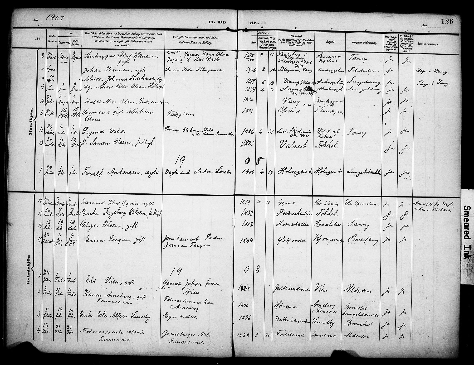 Stange prestekontor, SAH/PREST-002/K/L0022: Parish register (official) no. 22, 1903-1914, p. 126