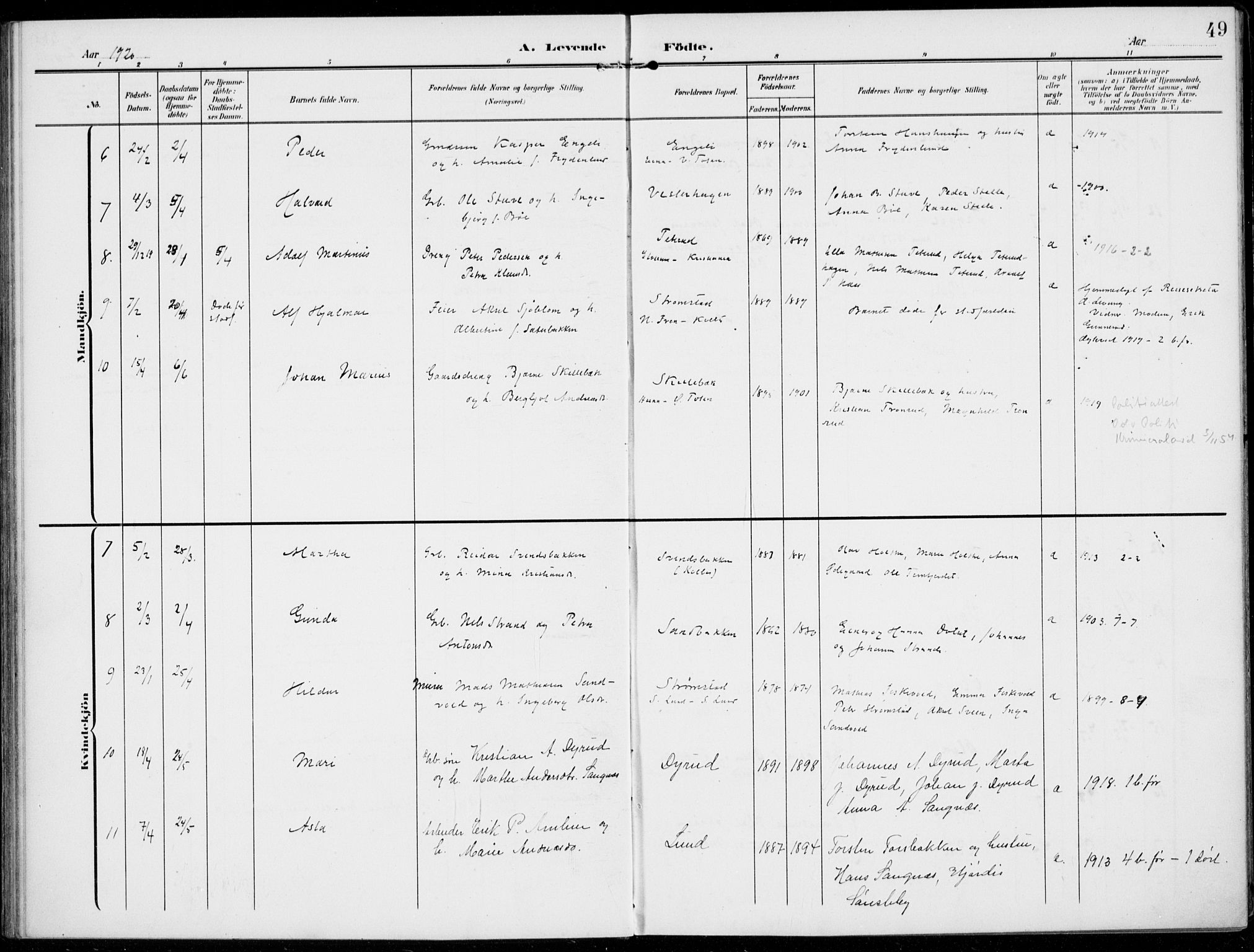 Kolbu prestekontor, SAH/PREST-110/H/Ha/Haa/L0001: Parish register (official) no. 1, 1907-1923, p. 49