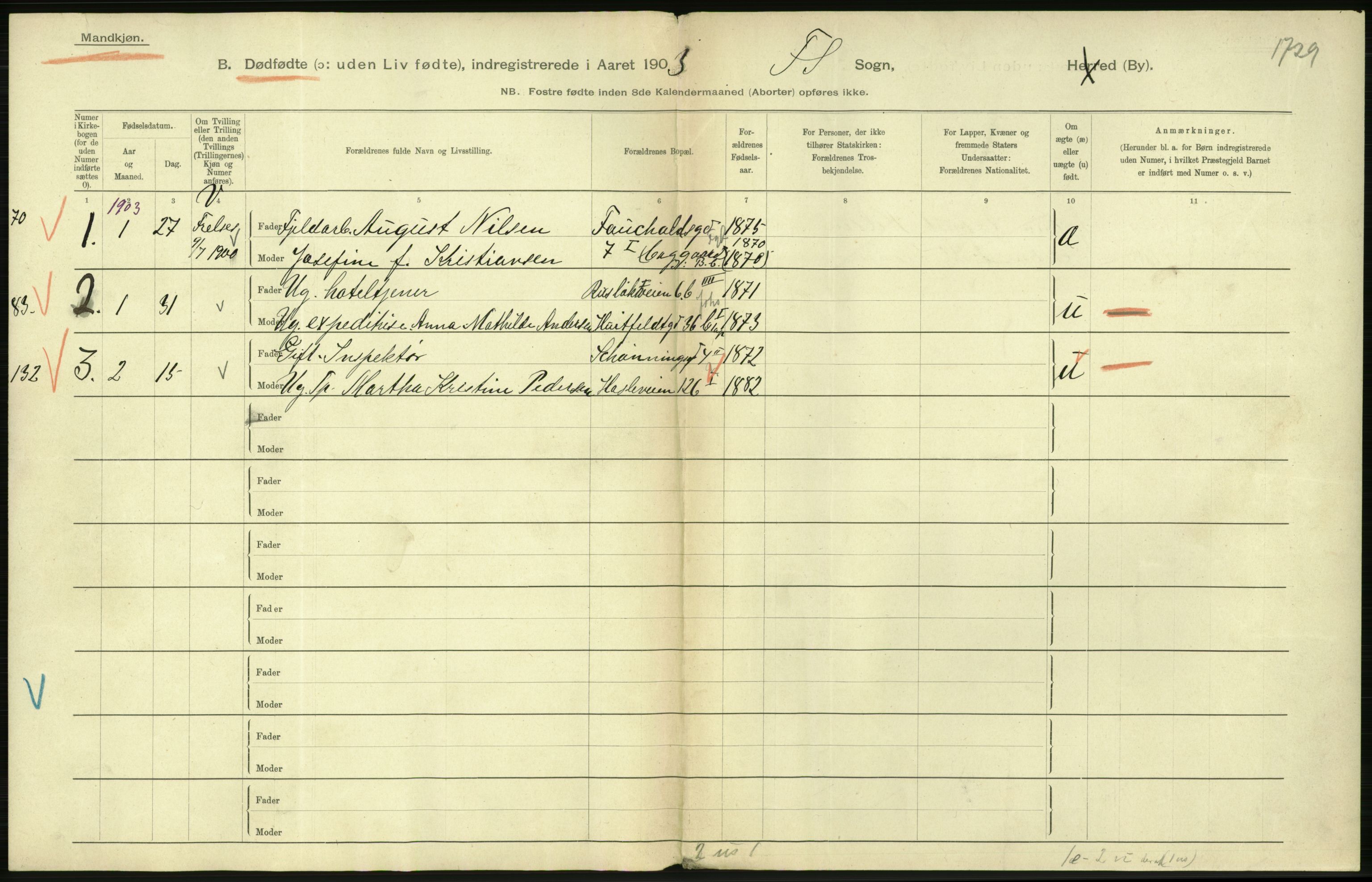 Statistisk sentralbyrå, Sosiodemografiske emner, Befolkning, AV/RA-S-2228/D/Df/Dfa/Dfaa/L0026: Smålenenes - Finnmarkens amt: Dødfødte. Byer., 1903, p. 54