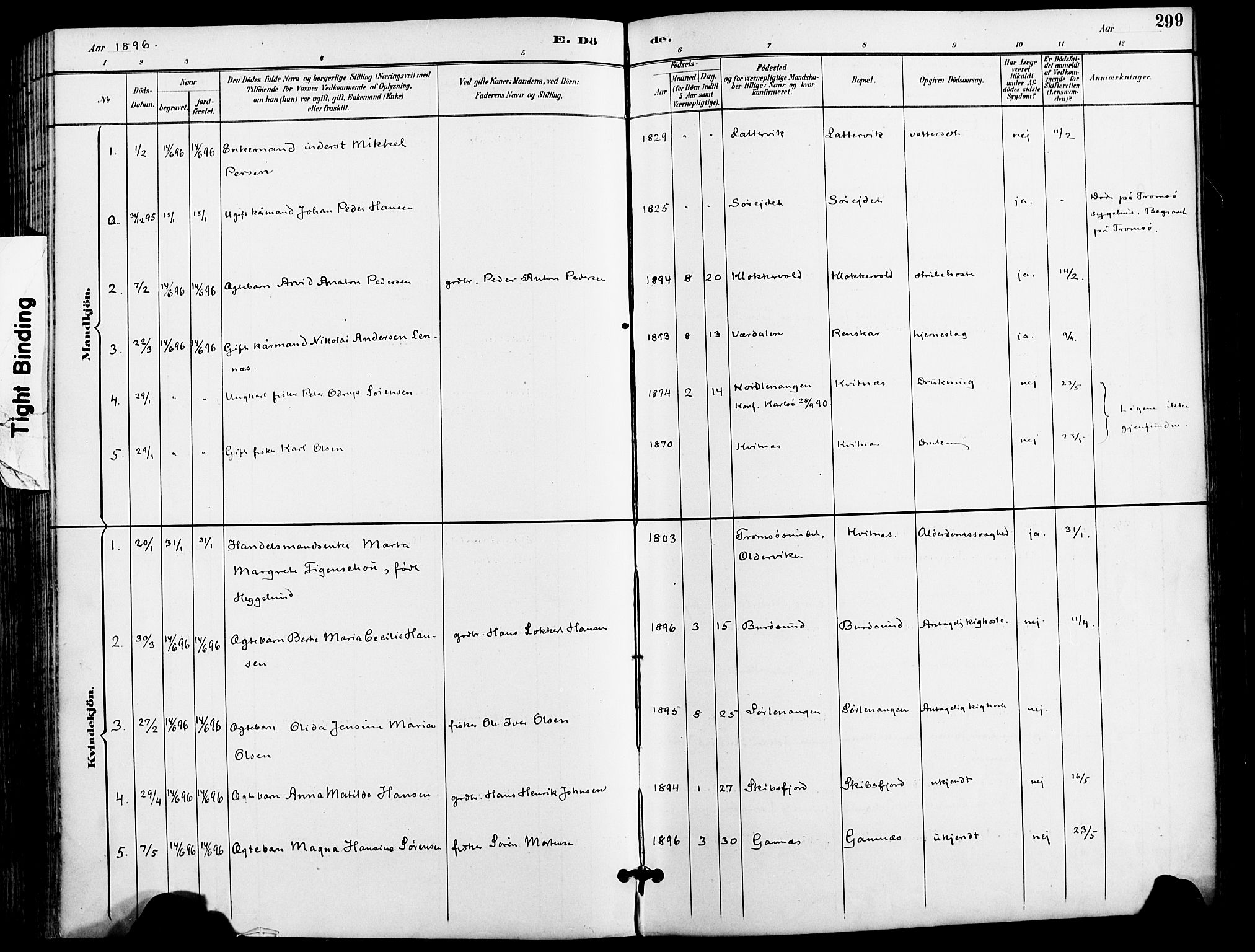 Karlsøy sokneprestembete, AV/SATØ-S-1299/H/Ha/Haa/L0007kirke: Parish register (official) no. 7, 1891-1902, p. 299