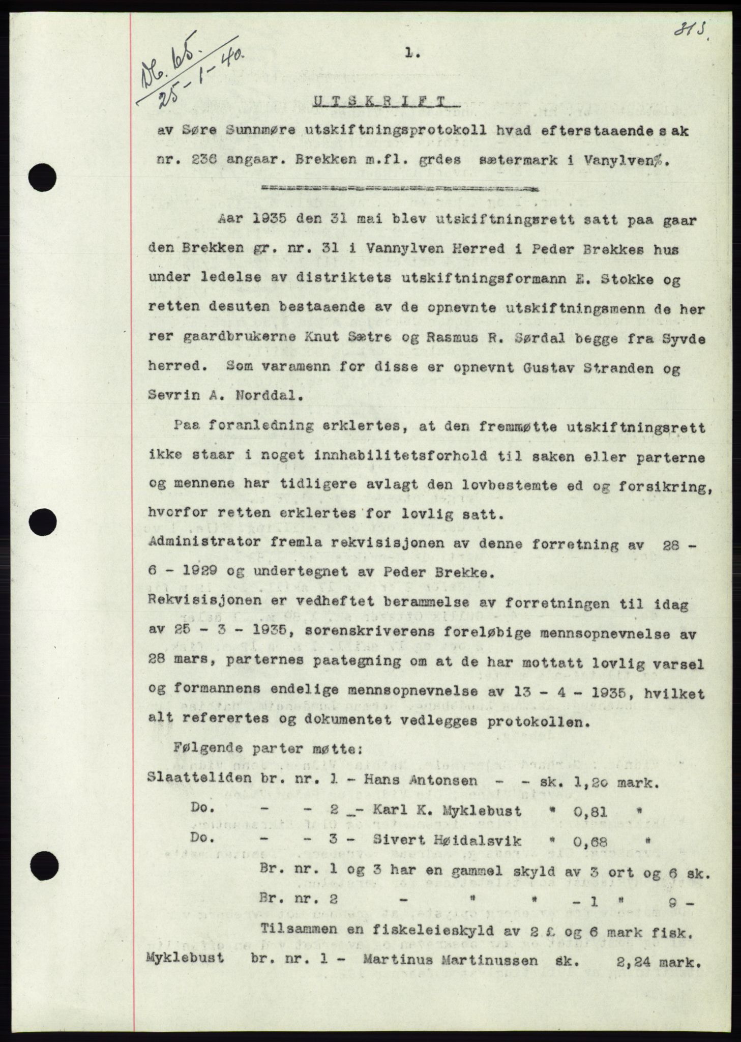 Søre Sunnmøre sorenskriveri, AV/SAT-A-4122/1/2/2C/L0069: Mortgage book no. 63, 1939-1940, Diary no: : 65/1940