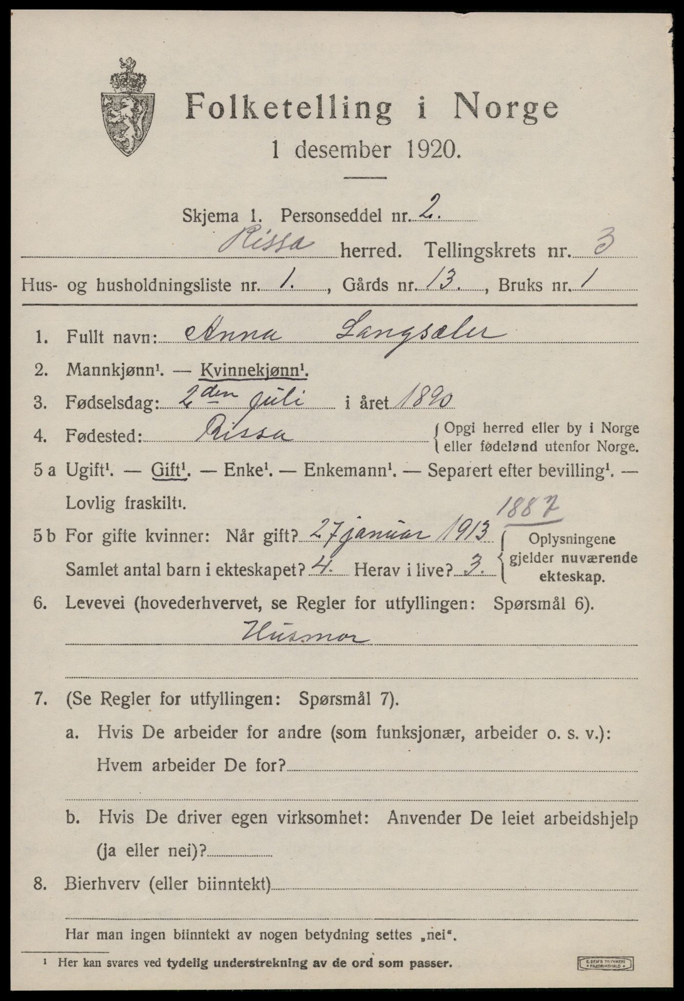 SAT, 1920 census for Rissa, 1920, p. 2493