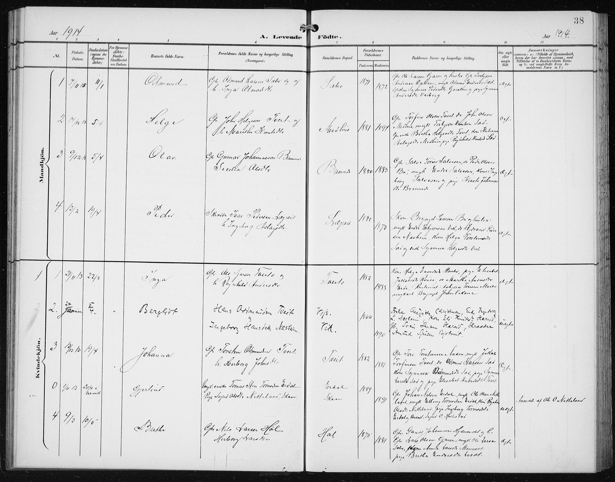 Ullensvang sokneprestembete, SAB/A-78701/H/Hab: Parish register (copy) no. C  3, 1899-1932, p. 38