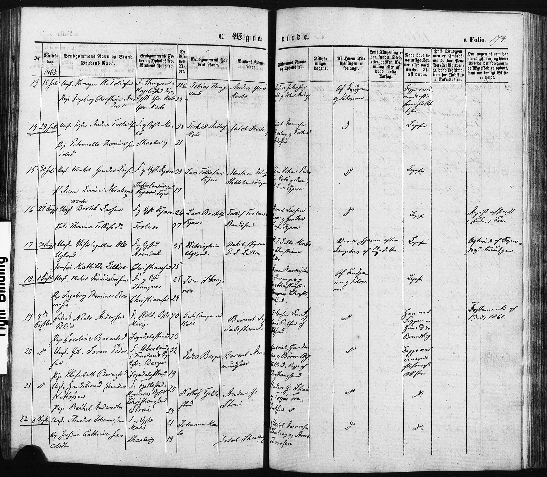 Oddernes sokneprestkontor, AV/SAK-1111-0033/F/Fa/Faa/L0007: Parish register (official) no. A 7, 1851-1863, p. 174