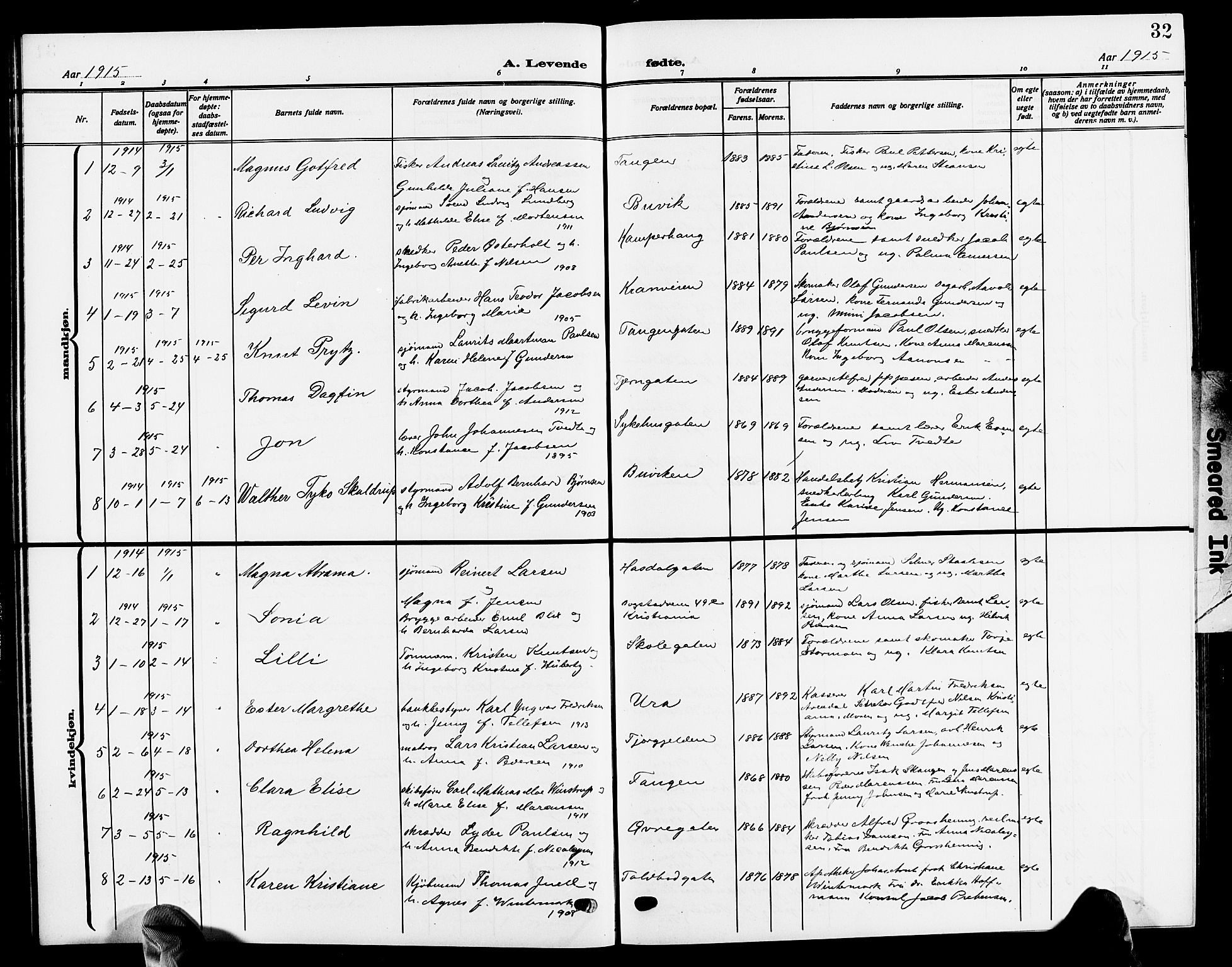 Risør sokneprestkontor, SAK/1111-0035/F/Fb/L0008: Parish register (copy) no. B 8, 1909-1921, p. 32