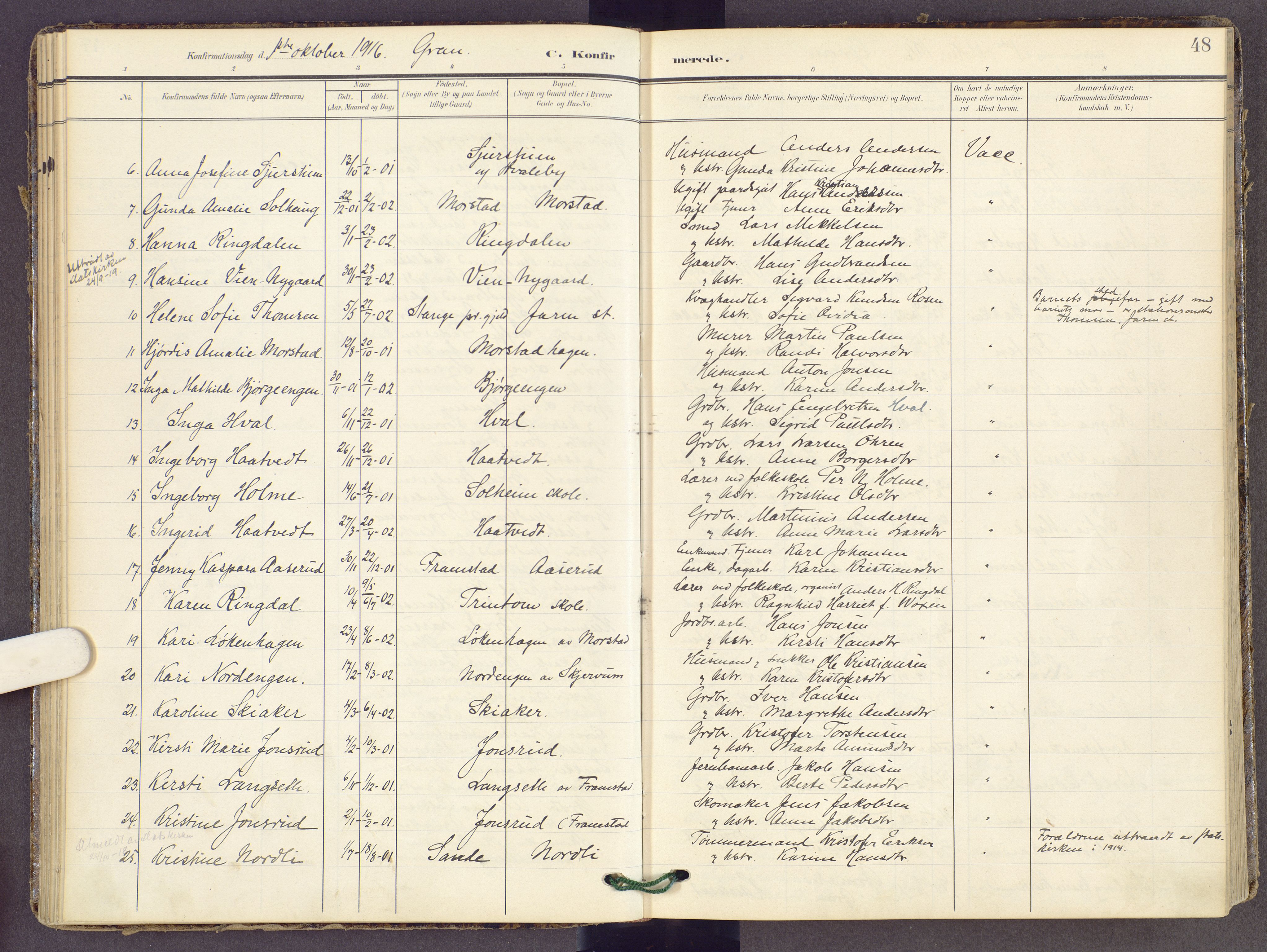 Gran prestekontor, AV/SAH-PREST-112/H/Ha/Haa/L0022: Parish register (official) no. 22, 1908-1918, p. 48