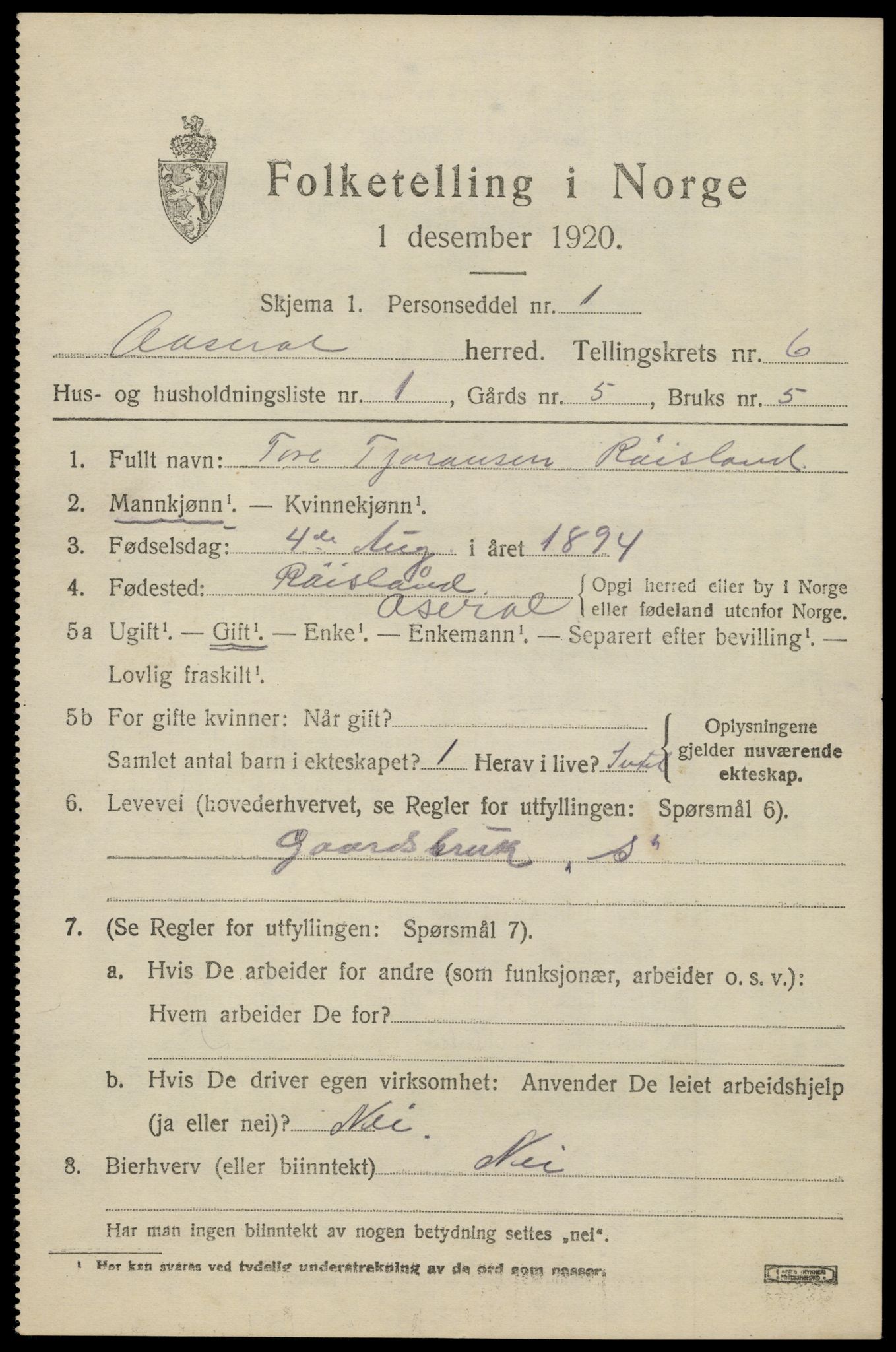 SAK, 1920 census for Åseral, 1920, p. 1796