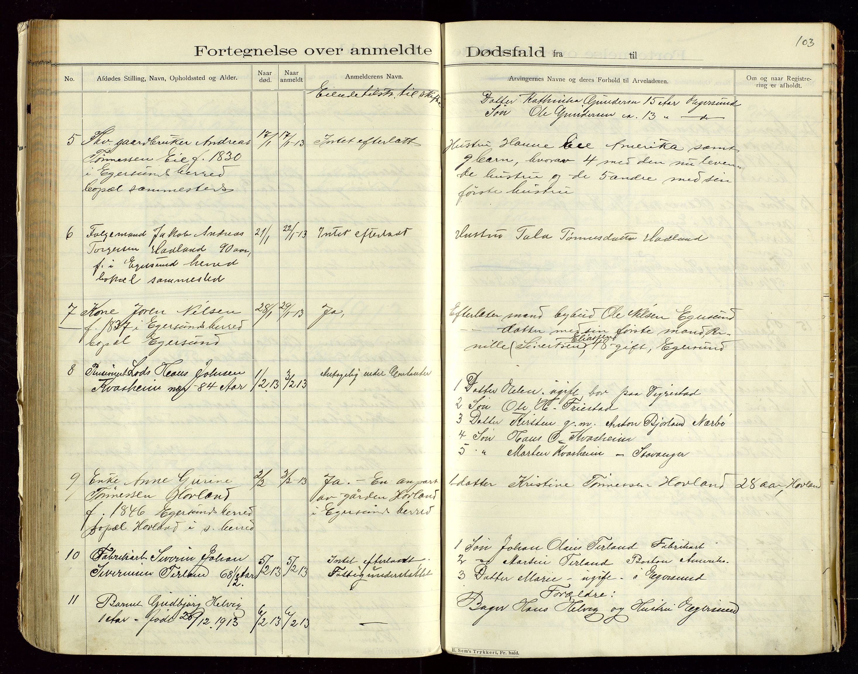 Eigersund lensmannskontor, SAST/A-100171/Gga/L0005: "Dødsfalds-Protokol" m/alfabetisk navneregister, 1905-1913, p. 103