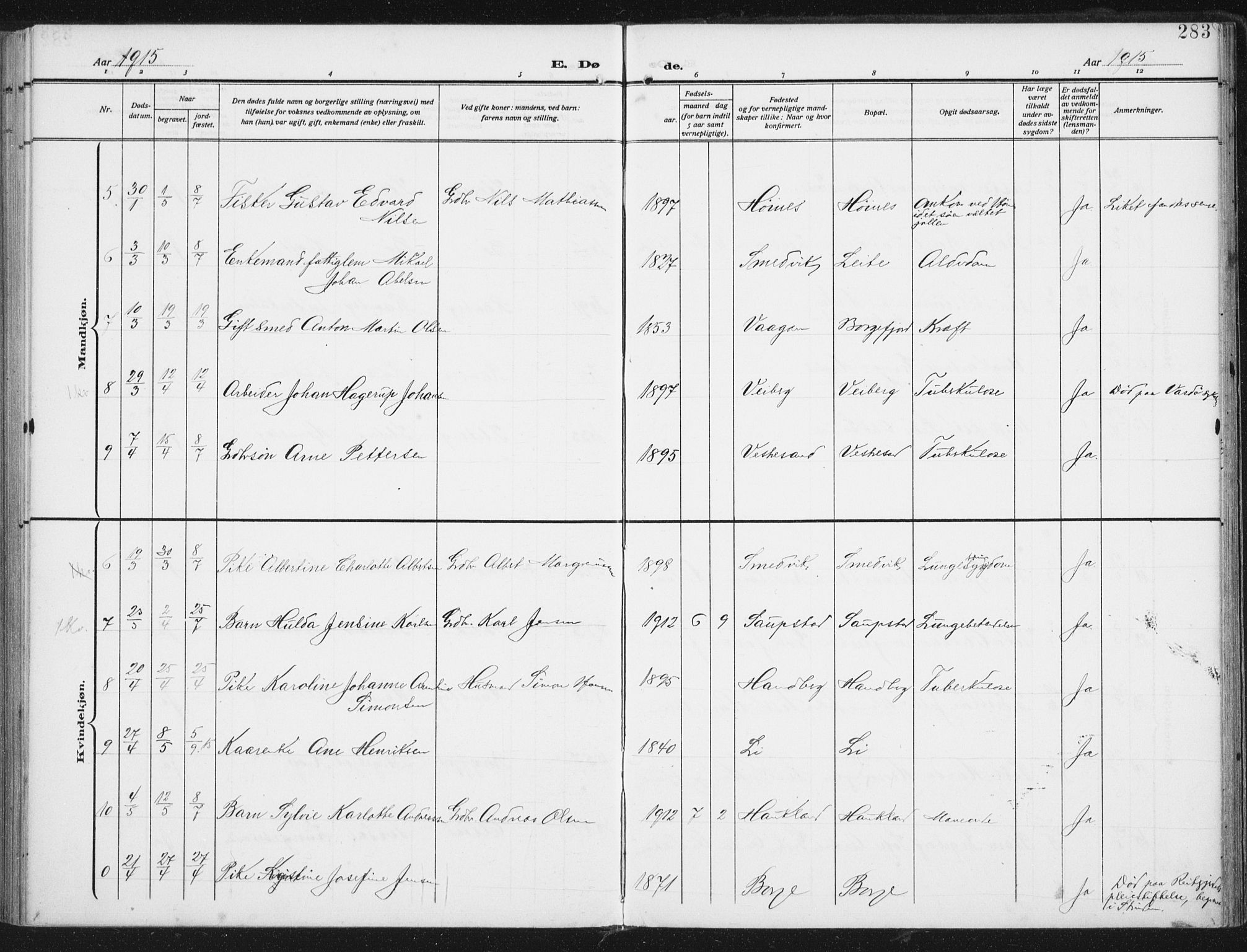 Ministerialprotokoller, klokkerbøker og fødselsregistre - Nordland, SAT/A-1459/880/L1135: Parish register (official) no. 880A09, 1908-1919, p. 283