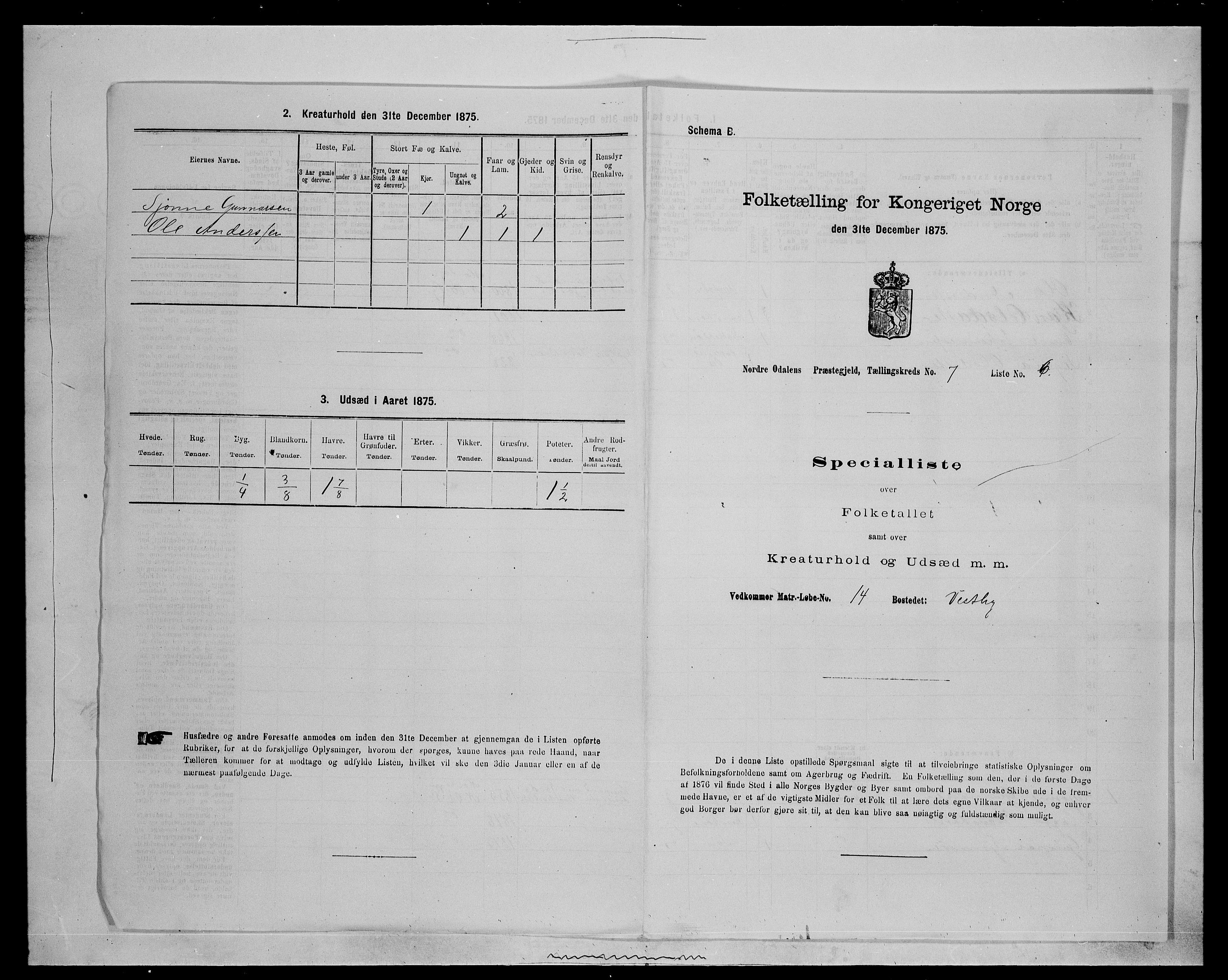 SAH, 1875 census for 0418P Nord-Odal, 1875, p. 1180