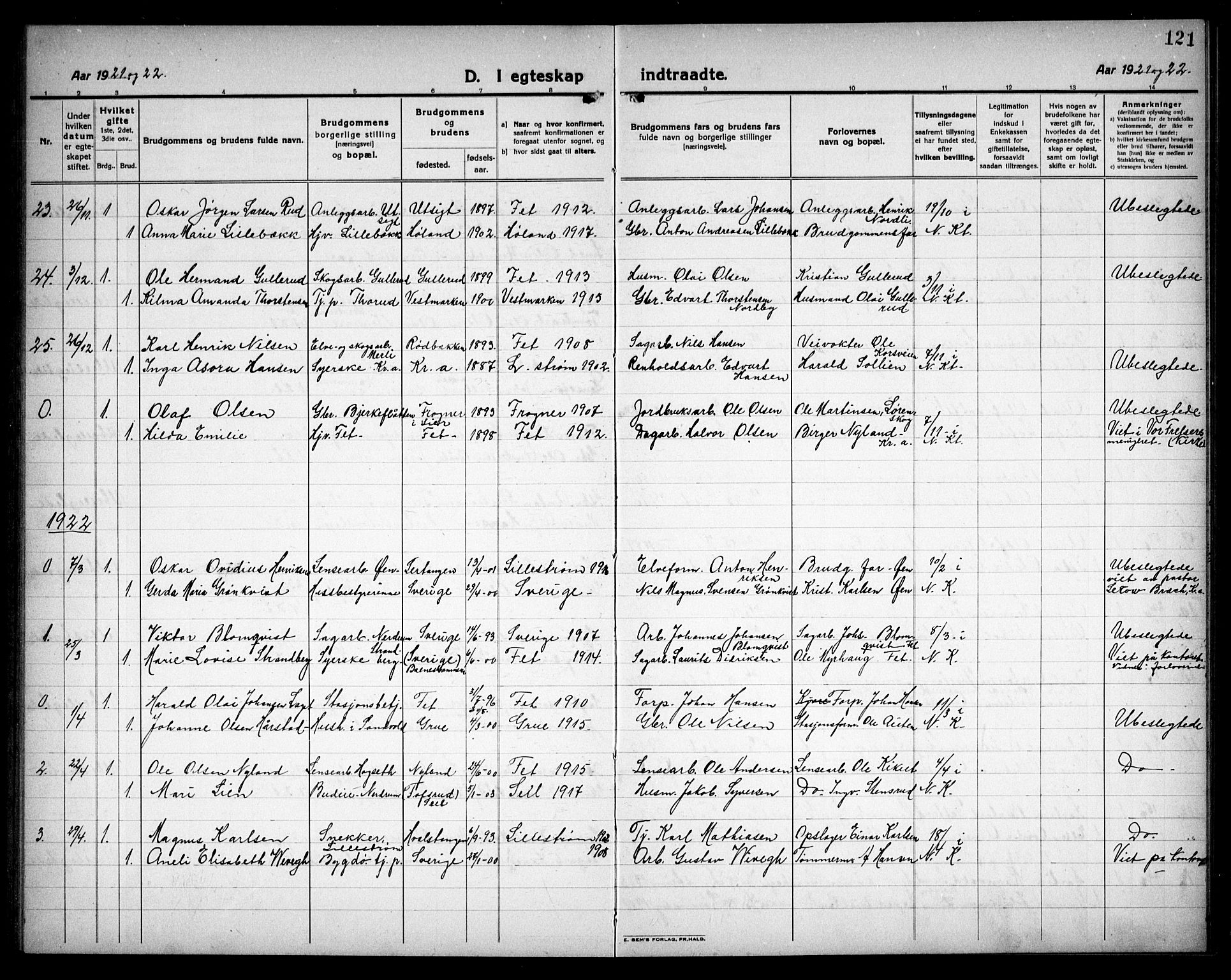 Fet prestekontor Kirkebøker, AV/SAO-A-10370a/G/Ga/L0009: Parish register (copy) no. I 9, 1920-1934, p. 121