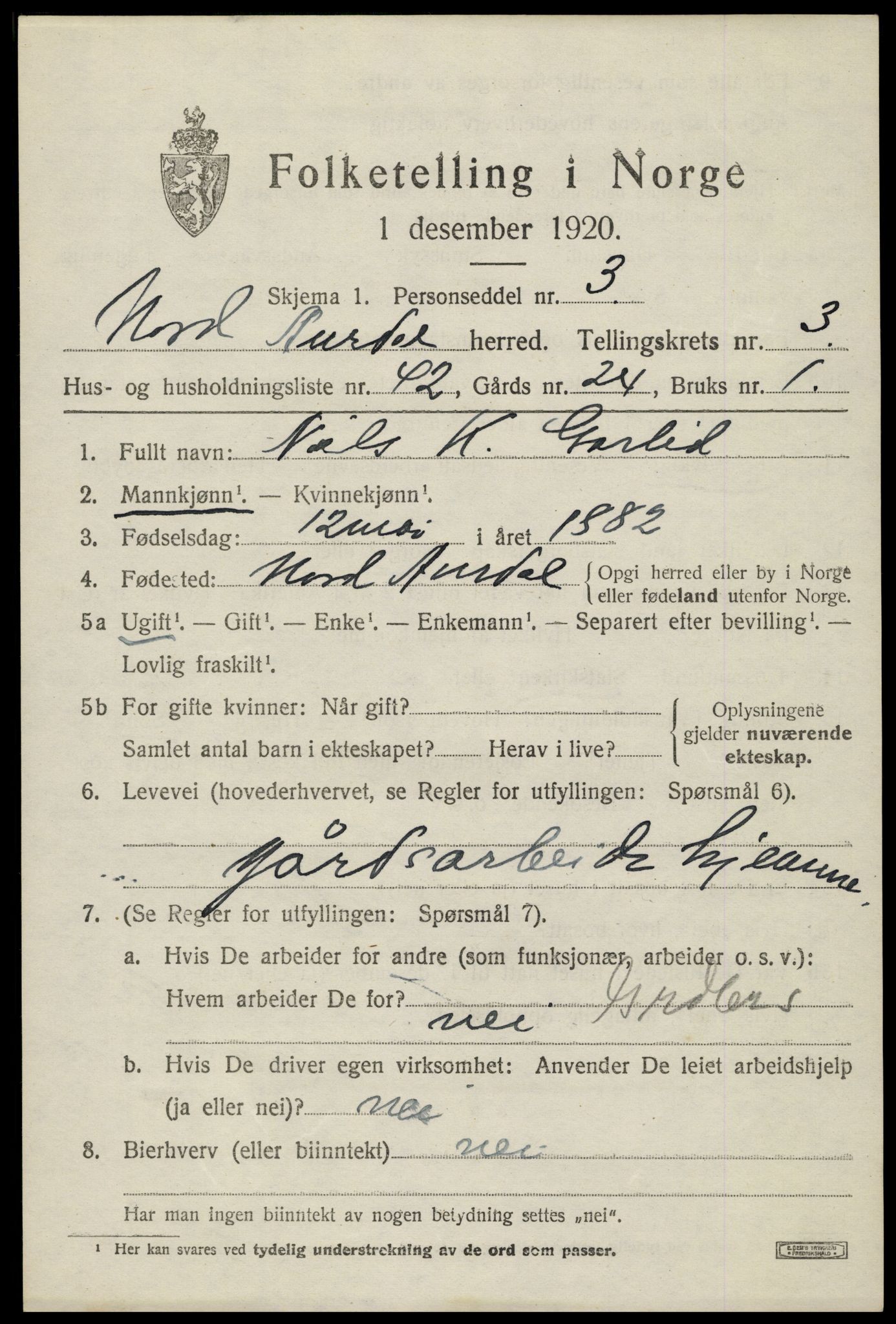 SAH, 1920 census for Nord-Aurdal, 1920, p. 3624