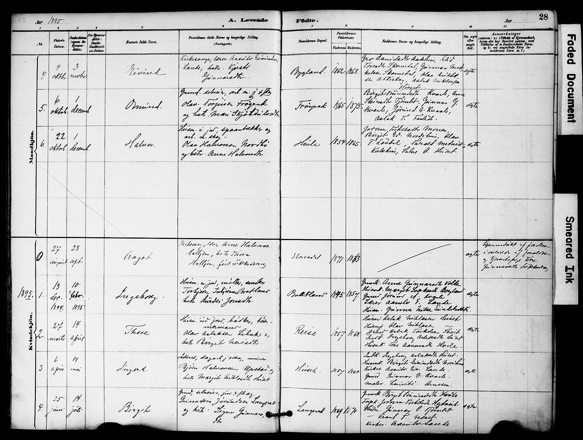 Bygland sokneprestkontor, AV/SAK-1111-0006/F/Fa/Fab/L0007: Parish register (official) no. A 7, 1885-1909, p. 28