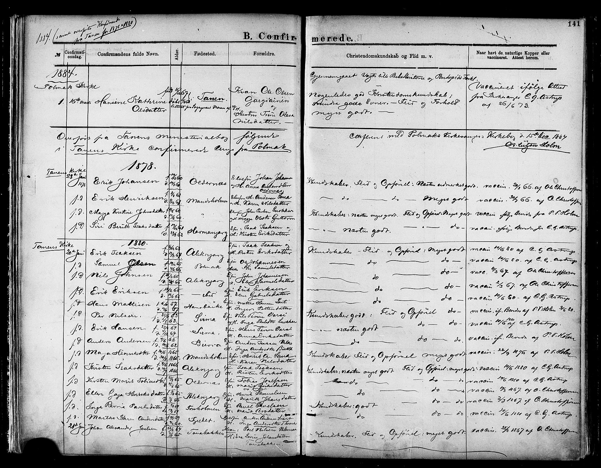 Nesseby sokneprestkontor, SATØ/S-1330/H/Ha/L0004kirke: Parish register (official) no. 4, 1877-1884, p. 141