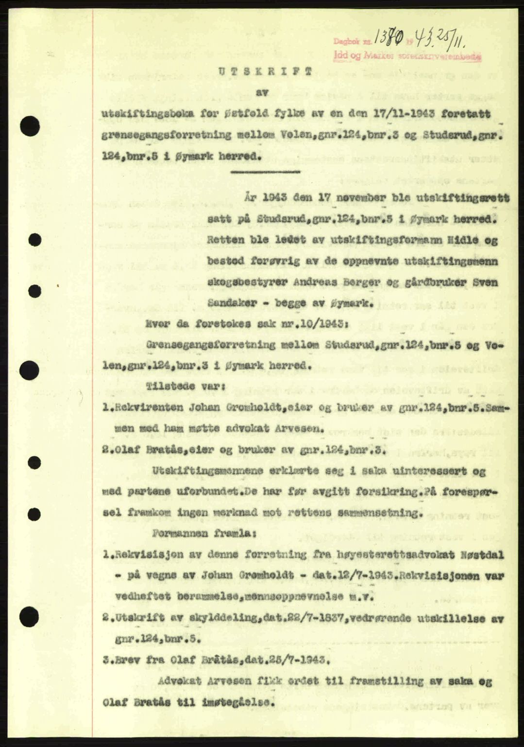 Idd og Marker sorenskriveri, AV/SAO-A-10283/G/Gb/Gbb/L0006: Mortgage book no. A6, 1943-1944, Diary no: : 1380/1943