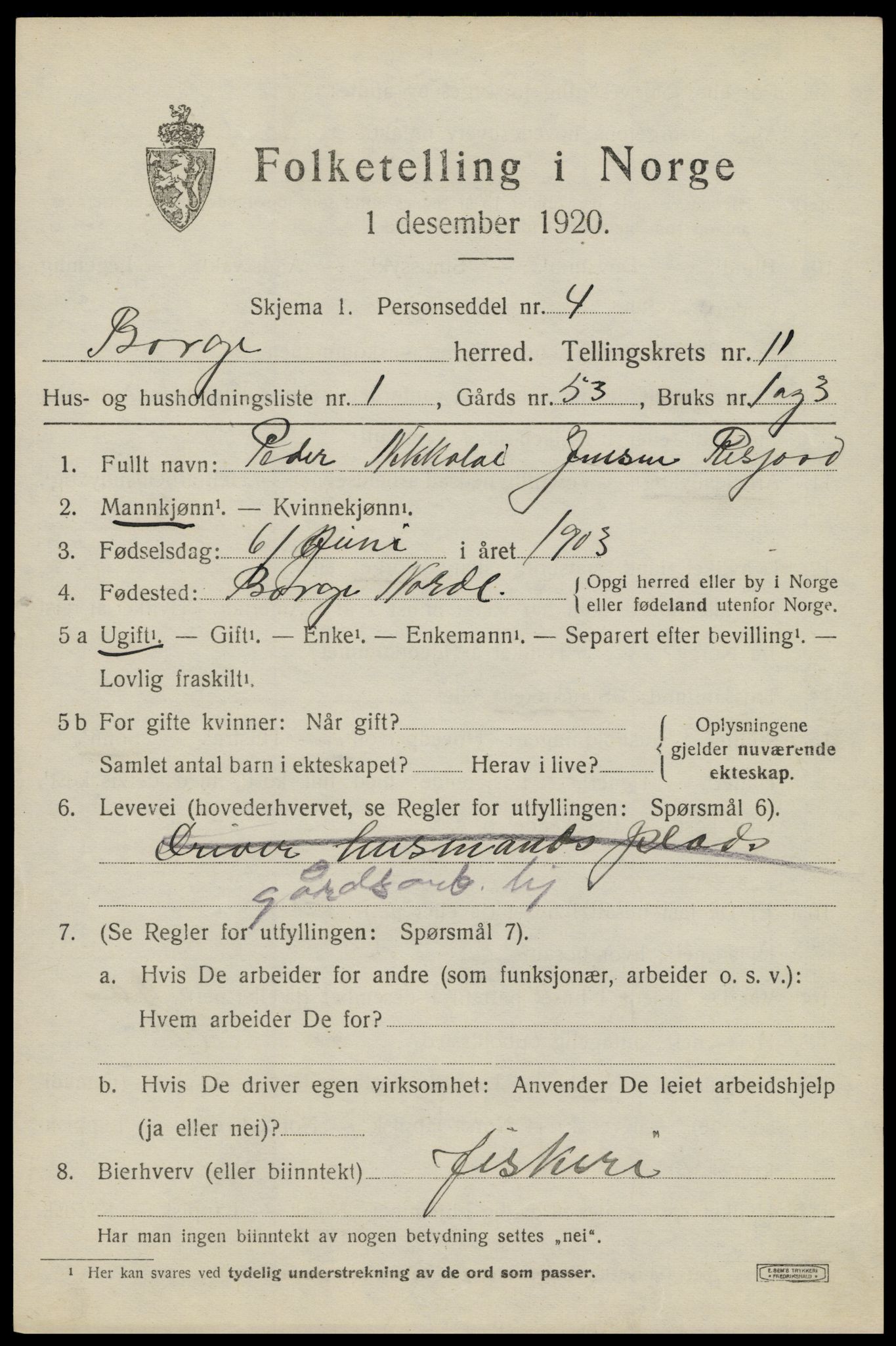 SAT, 1920 census for Borge, 1920, p. 9425