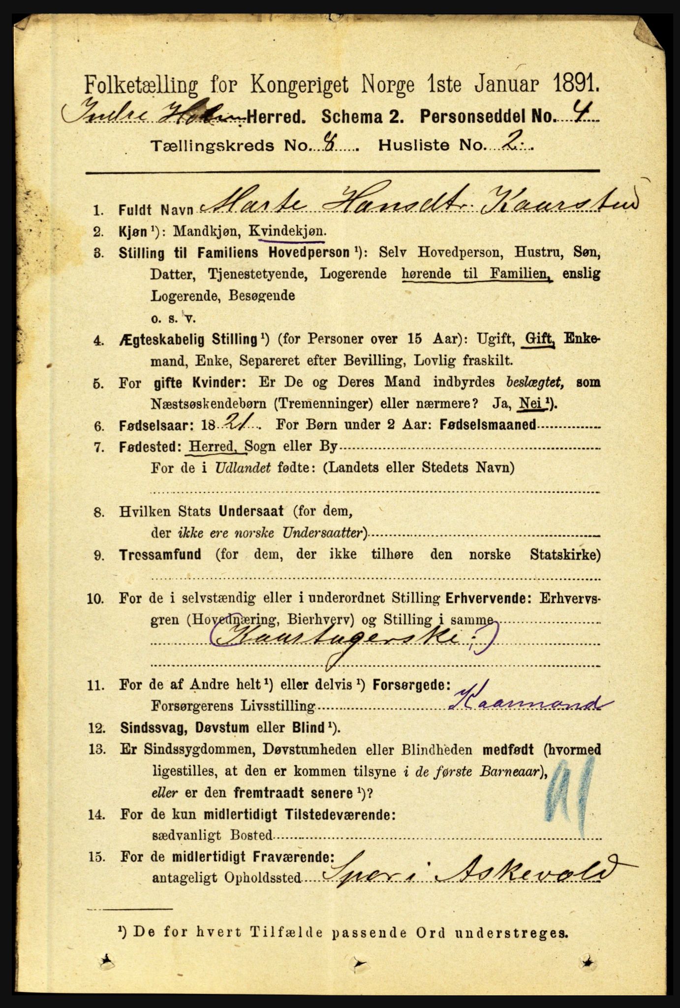 RA, 1891 census for 1430 Indre Holmedal, 1891, p. 3406